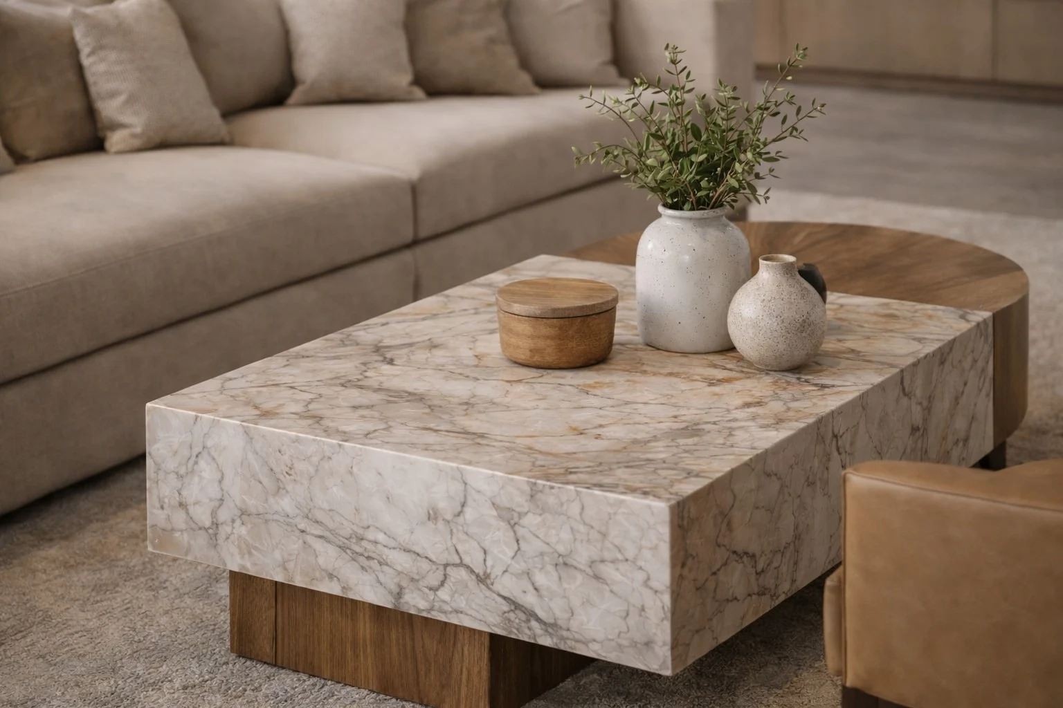 Casa Varenna — Close-up of the marble-look coffee table on a wood base, with ceramic vases and a wood box