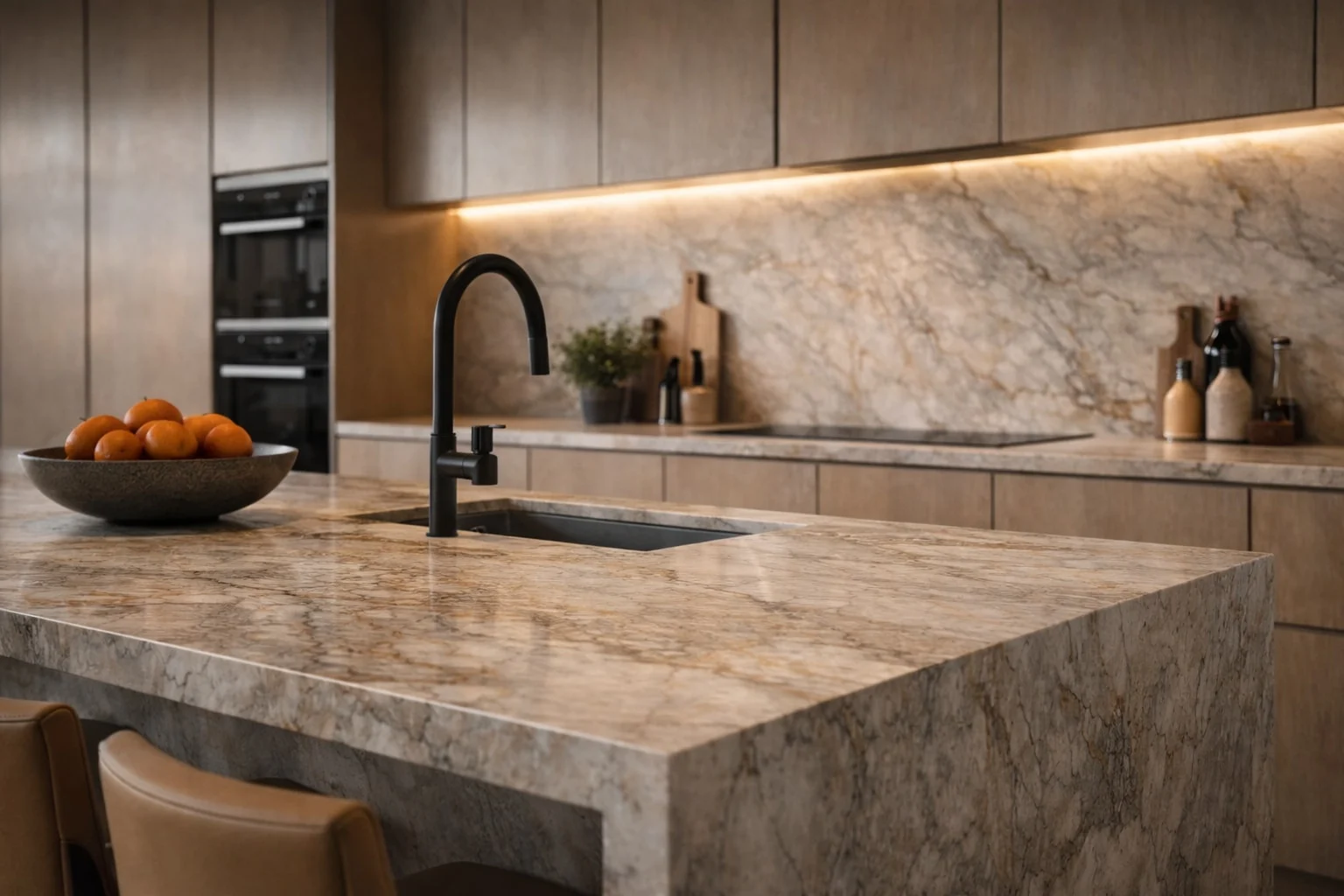 Casa Varenna — Close-up of the stone island corner with a black faucet, under-cabinet lighting and a bowl of oranges