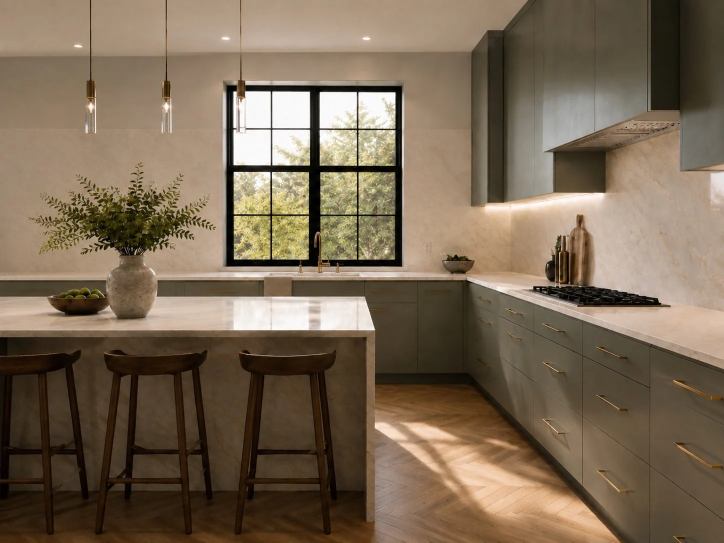 Casa Verde — Kitchen with sage-green cabinets and brass-toned pulls, three wood stools in front and a black-framed window beyond