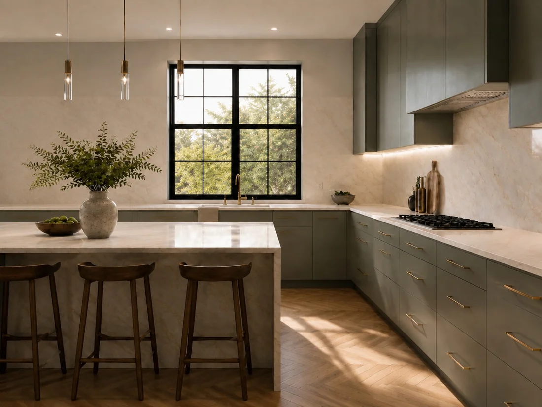 Casa Verde — Kitchen with sage-green cabinets and brass-toned pulls, three wood stools in front and a black-framed window beyond