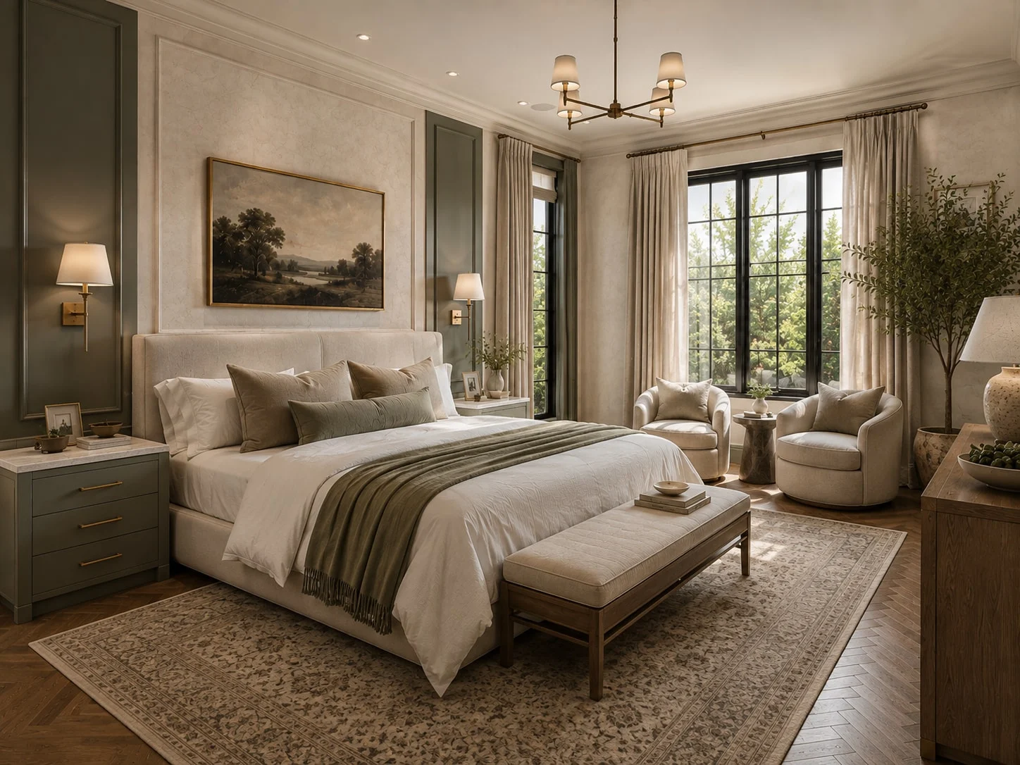 Casa Verde — Bedroom with an upholstered bed under a framed landscape and two round armchairs by the window