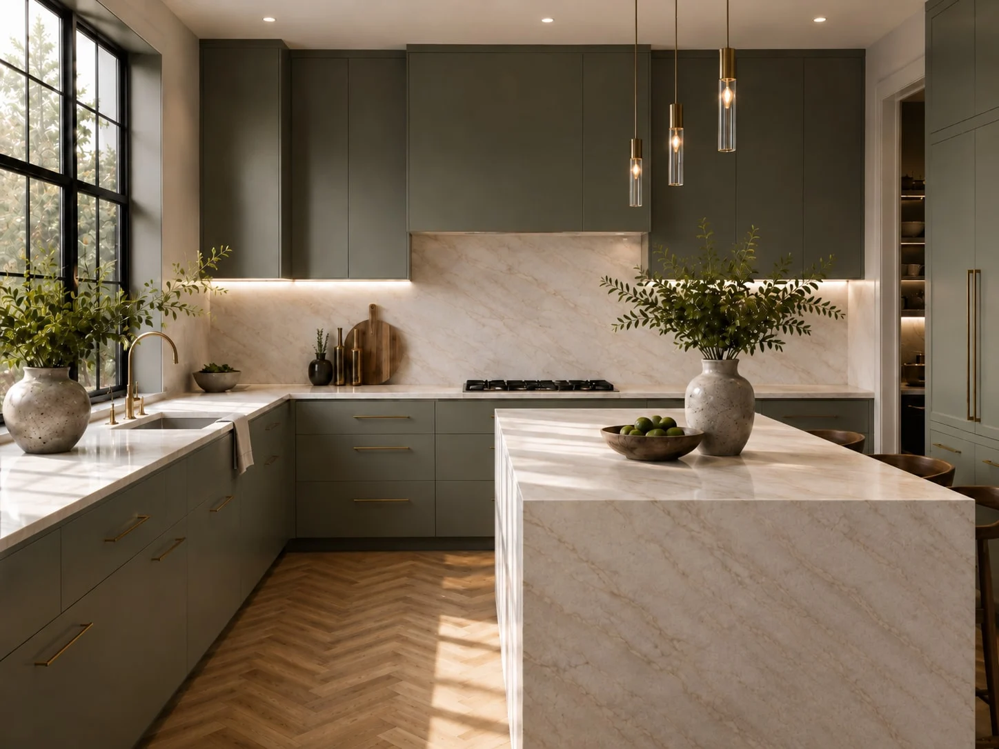 Casa Verde — Kitchen facing the cooktop wall, with a veined-stone backsplash, glass pendants and the island in the foreground