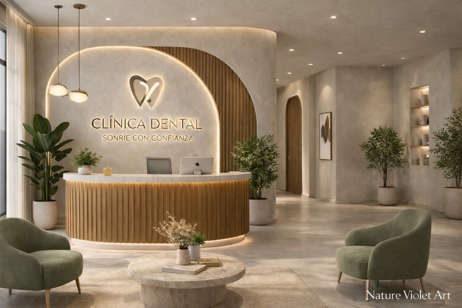 Dental Clinics — Reception with a curved wood-slat desk, a backlit logo and sage-green armchairs around a round table