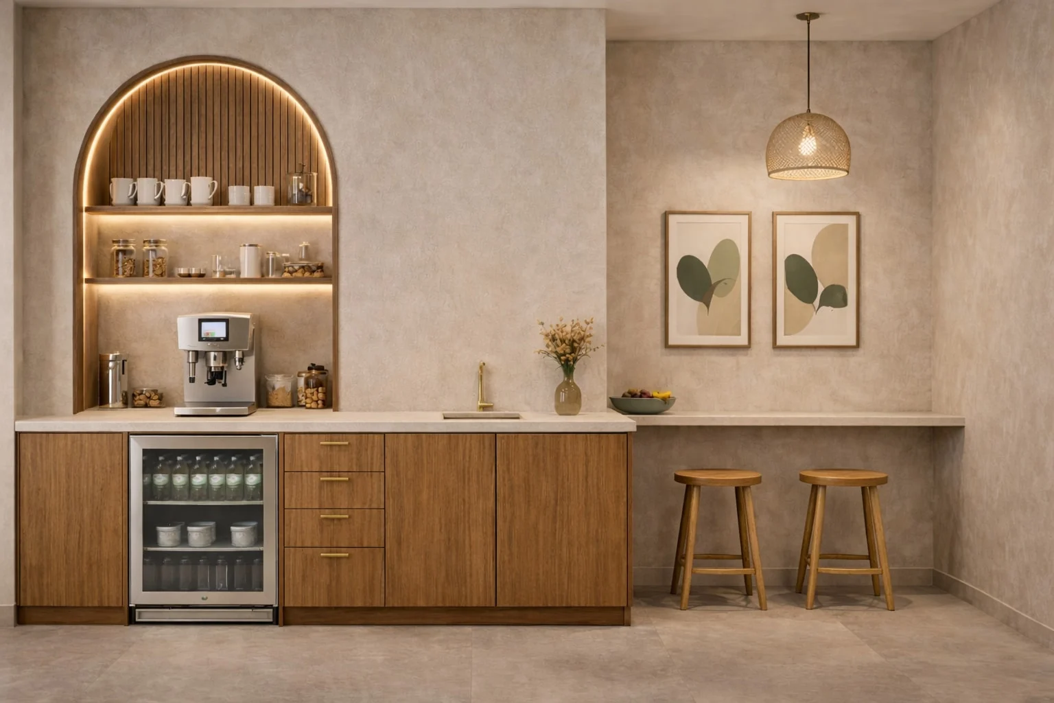 Clínica Dental — Sonríe con Confianza — Coffee station with a backlit arched niche, wood cabinets and a glass-front drinks fridge