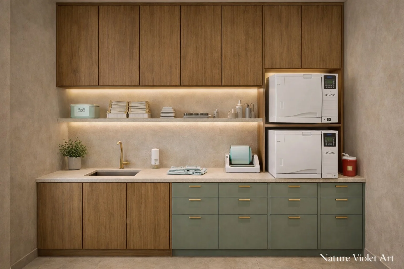 Clínica Dental — Sonríe con Confianza — Work area with a sink, wood upper cabinets, sage-green drawers and two stacked white appliances