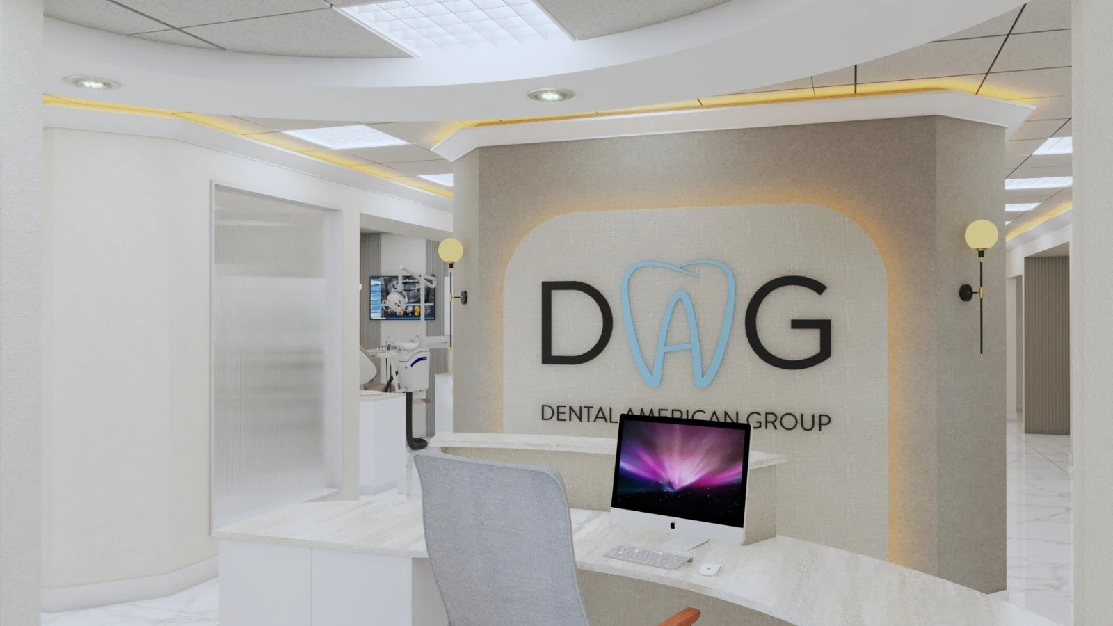 Dental American Group — Reception with a curved stone-look counter in front of the backlit “DAG” logo wall