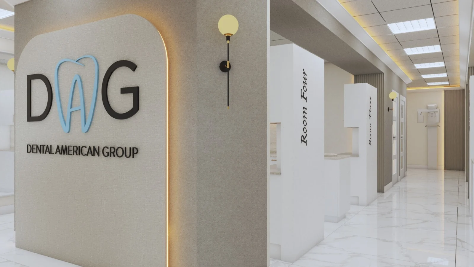 Dental American Group — Corridor beside the backlit “DAG” logo wall, with open rooms marked “Room Four” and “Room Three”