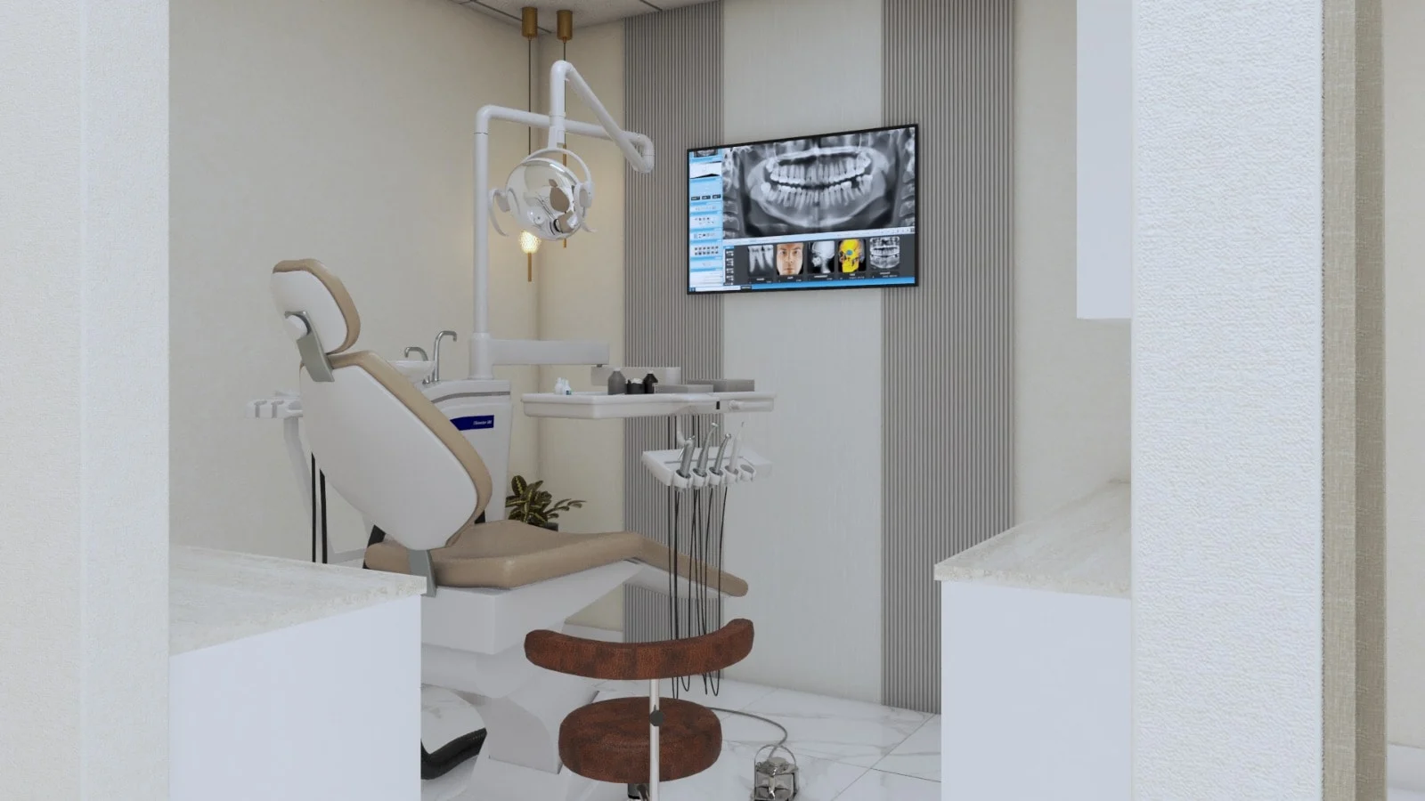 Dental American Group — Treatment room with a beige dental chair and a wall screen showing a dental X-ray between ribbed panels