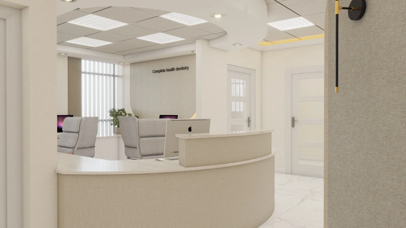 Dental American Group — Reception seen from the side, with a curved linen-textured counter and a wall lettered “Complete health dentistry”