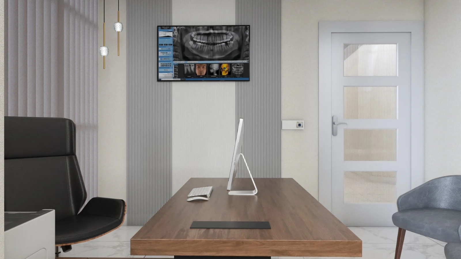 Dental American Group — Office with a wood desk facing a wall screen with a dental X-ray, a black leather chair and a white panel door