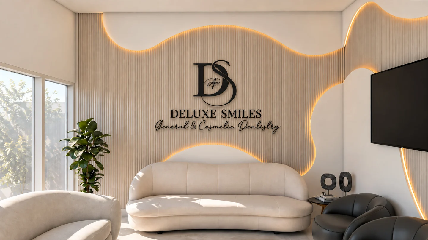 Deluxe Smiles — Waiting area with a curved cream sofa below the “DELUXE SMILES” logo on a backlit wavy slat wall