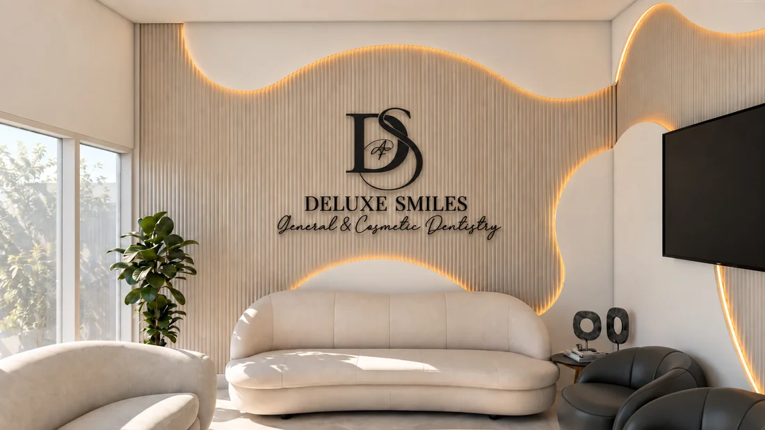 Deluxe Smiles — Waiting area with a curved cream sofa below the “DELUXE SMILES” logo on a backlit wavy slat wall