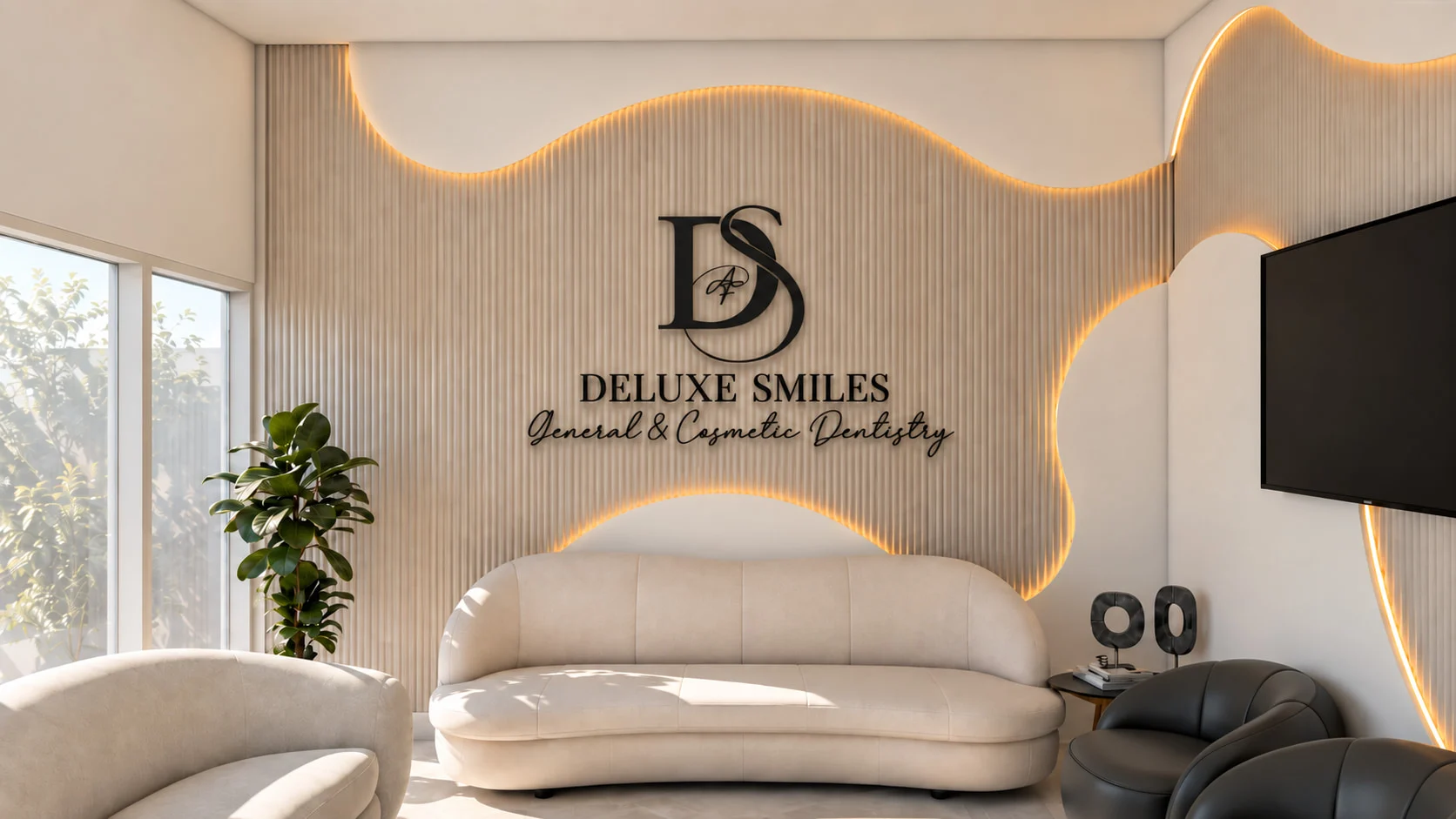 Deluxe Smiles — Waiting area with a curved cream sofa below the “DELUXE SMILES” logo on a backlit wavy slat wall