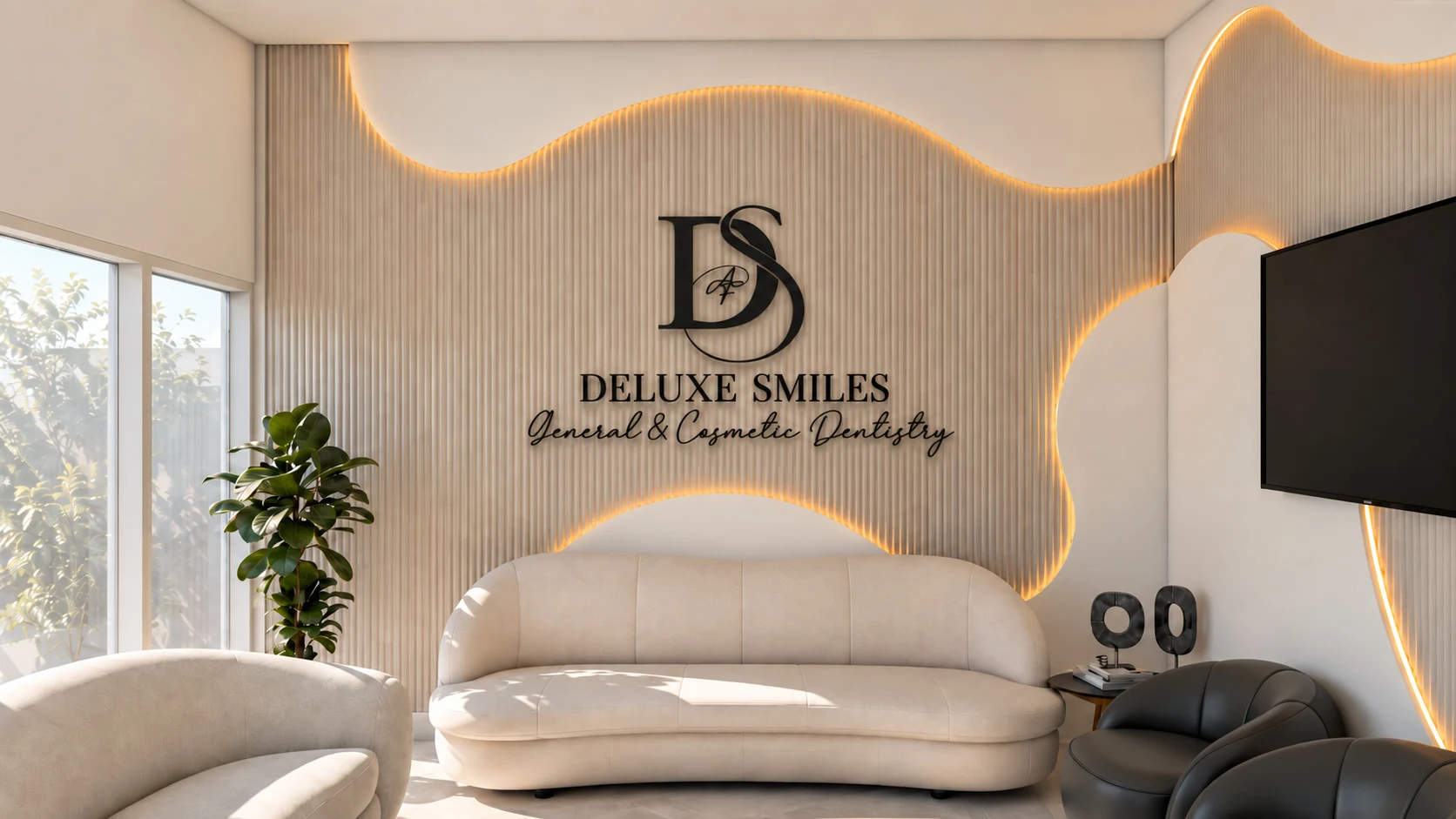 Deluxe Smiles — Waiting area with a curved cream sofa below the “DELUXE SMILES” logo on a backlit wavy slat wall