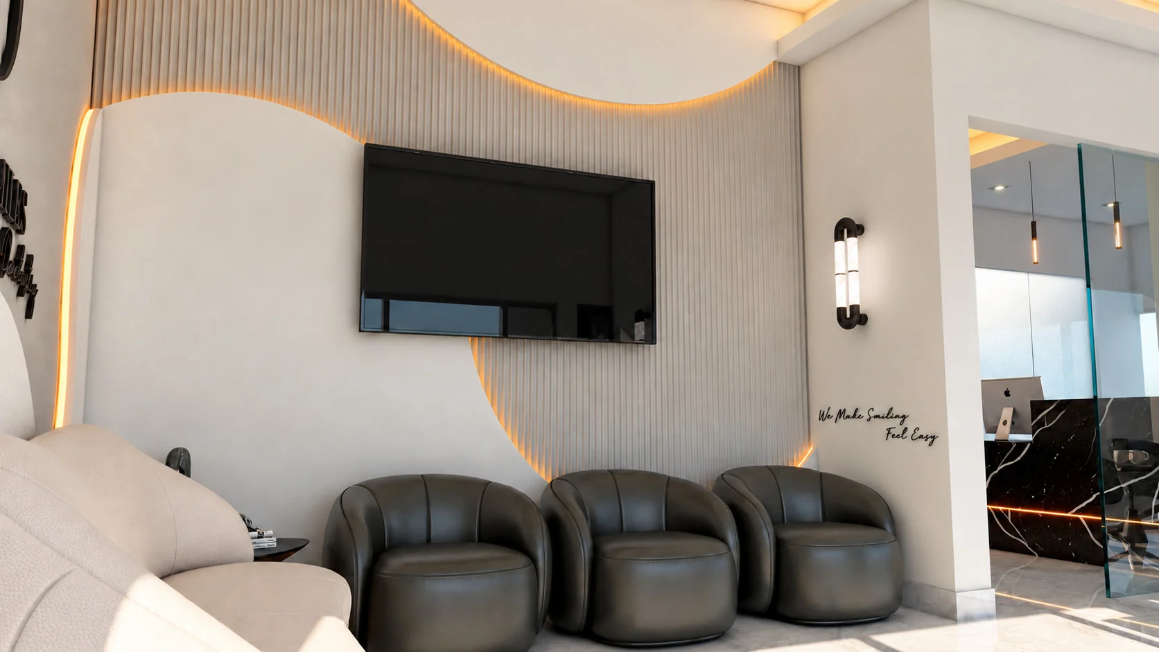 Deluxe Smiles — Waiting area with three dark leather tub chairs below a TV on the backlit wavy slat wall