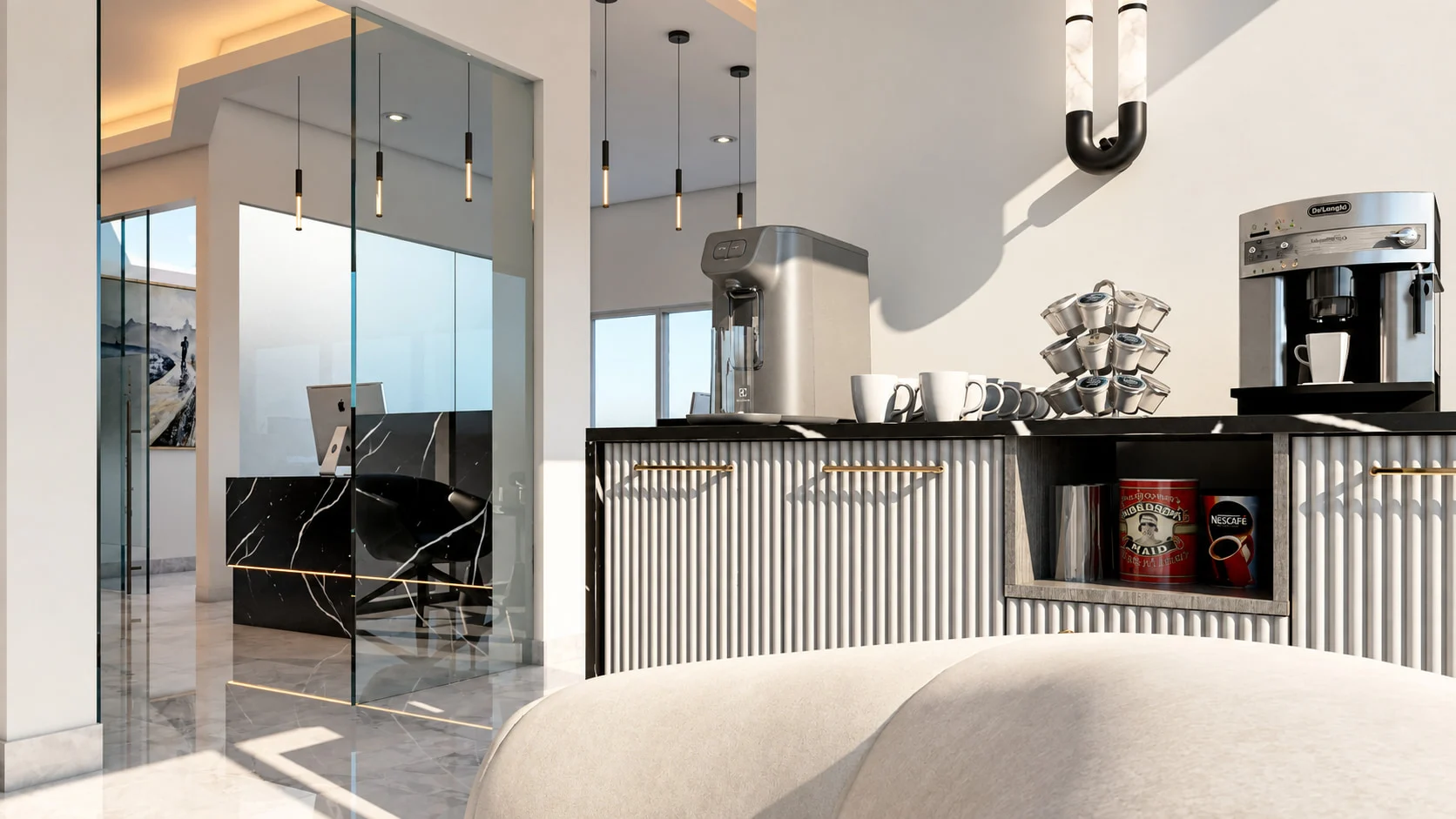 Deluxe Smiles — Close-up of the coffee station with fluted white cabinets, brass pulls and an espresso machine