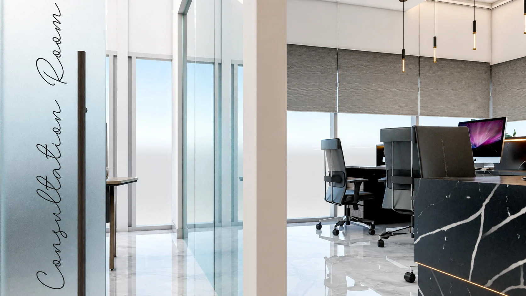 Deluxe Smiles — View past a frosted glass door lettered “Consultation Room” to workstations at a black marble-look counter