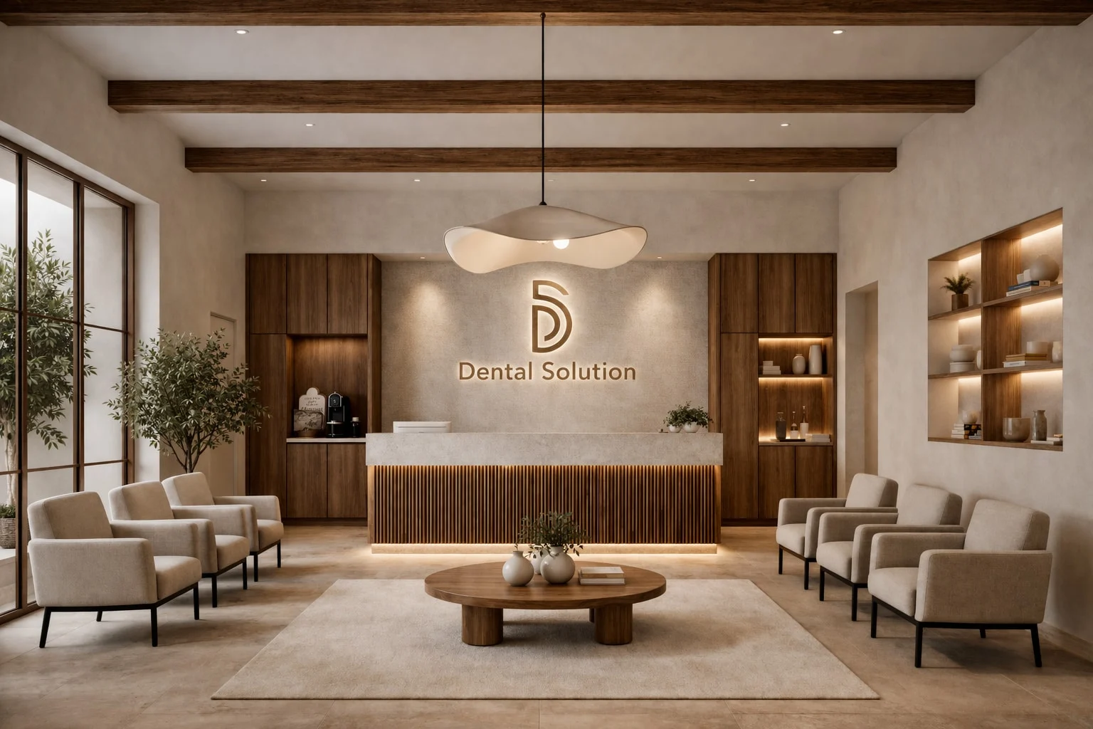 Dental Solution — Reception with a wood-slat desk in front of the backlit logo wall, beige armchairs and a round wood coffee table