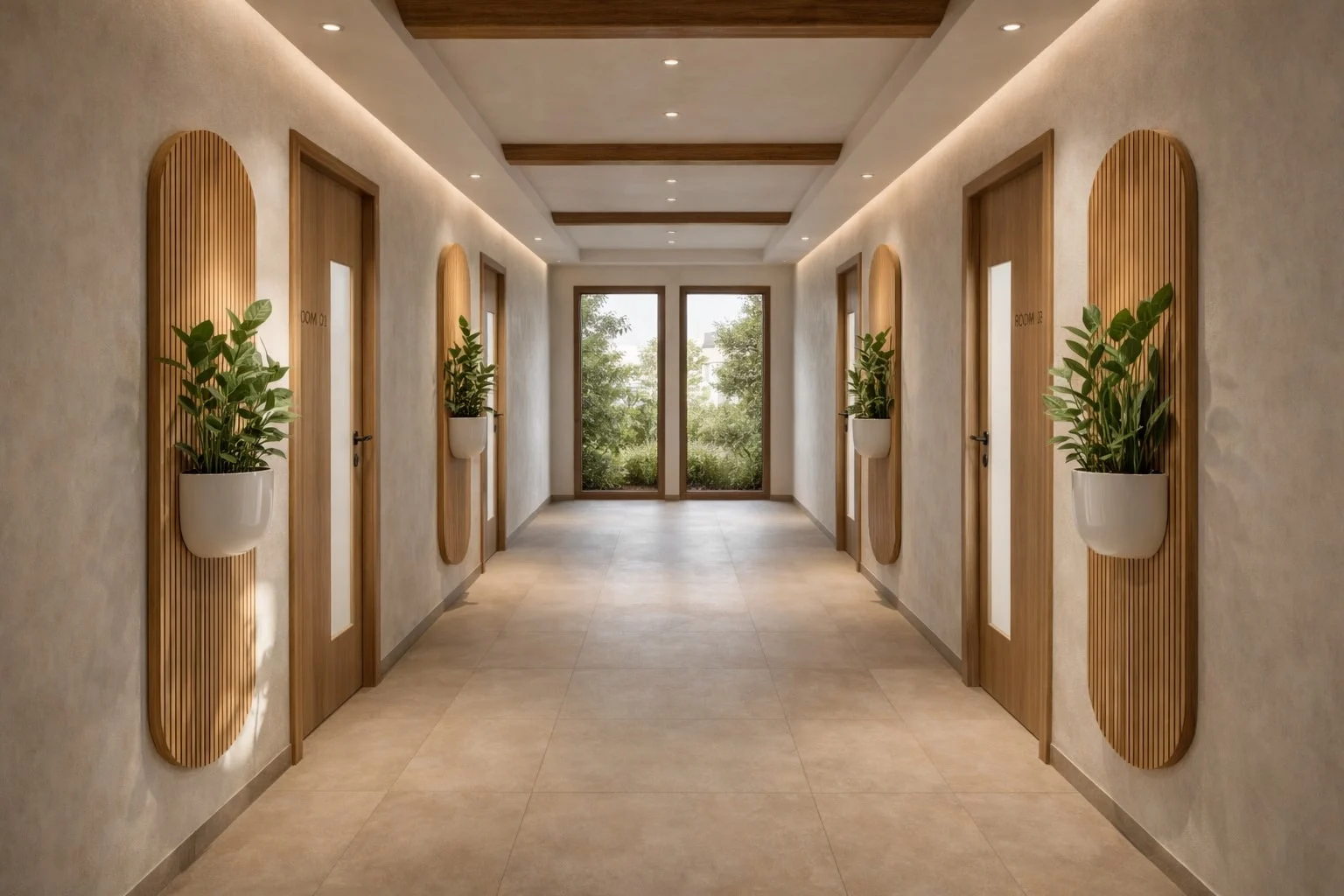 Dental Solution — Corridor with wood doors and rounded wood-slat panels holding white planters, ending at windows onto greenery