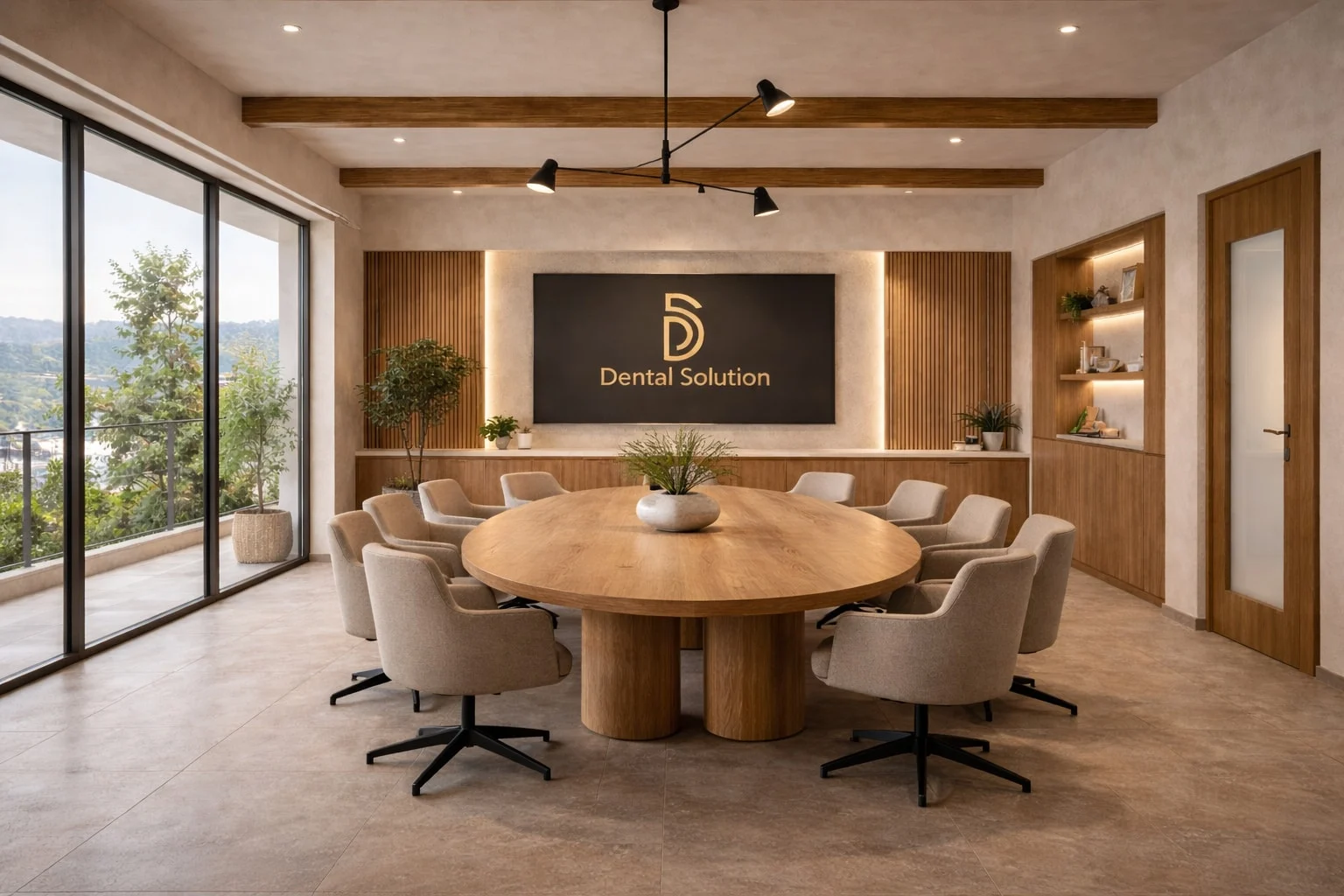 Dental Solution — Meeting room with an oval wood table, beige swivel chairs, a dark logo panel and a glass wall at left