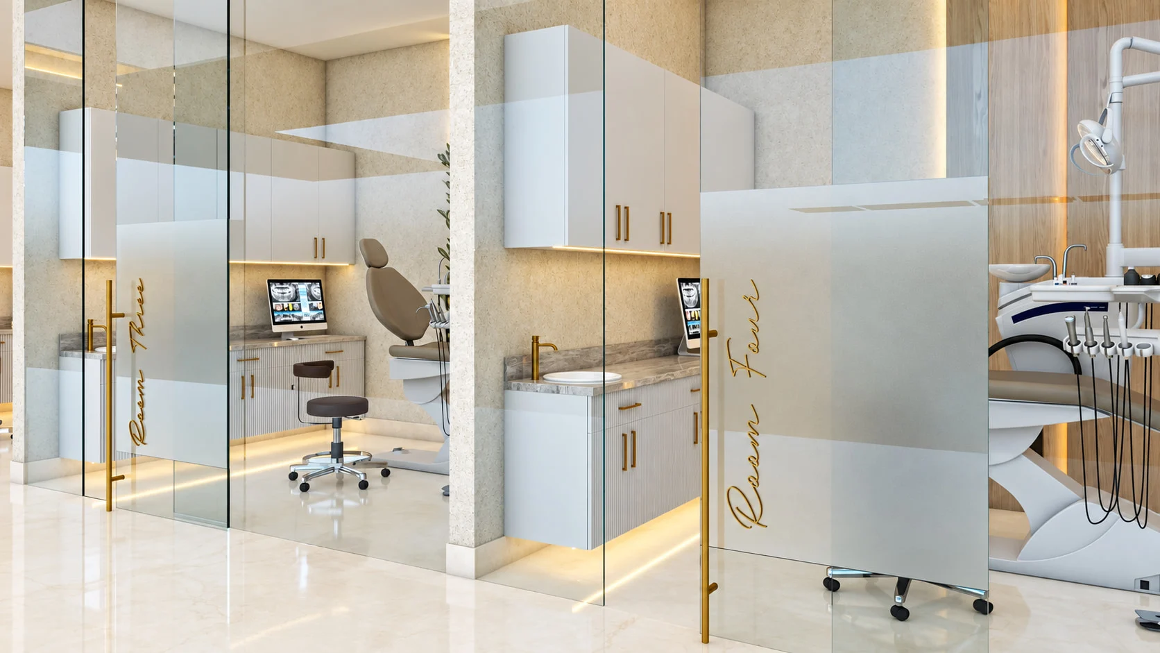 Dentica — Row of glass-fronted treatment rooms with gold script room names, white cabinets and dental chairs
