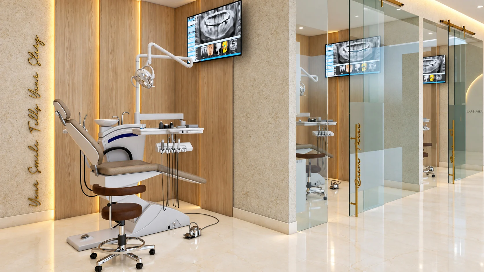 Dentica — Open treatment bay with a dental chair and gold script lettering on the wall, glass-fronted rooms beyond