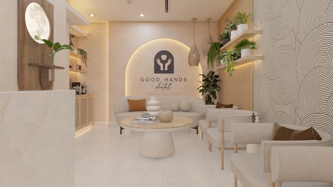 Good Hands Dental — Waiting area facing the backlit arch with the “Good Hands Dental” logo, a bouclé sofa and a swirl-pattern wall