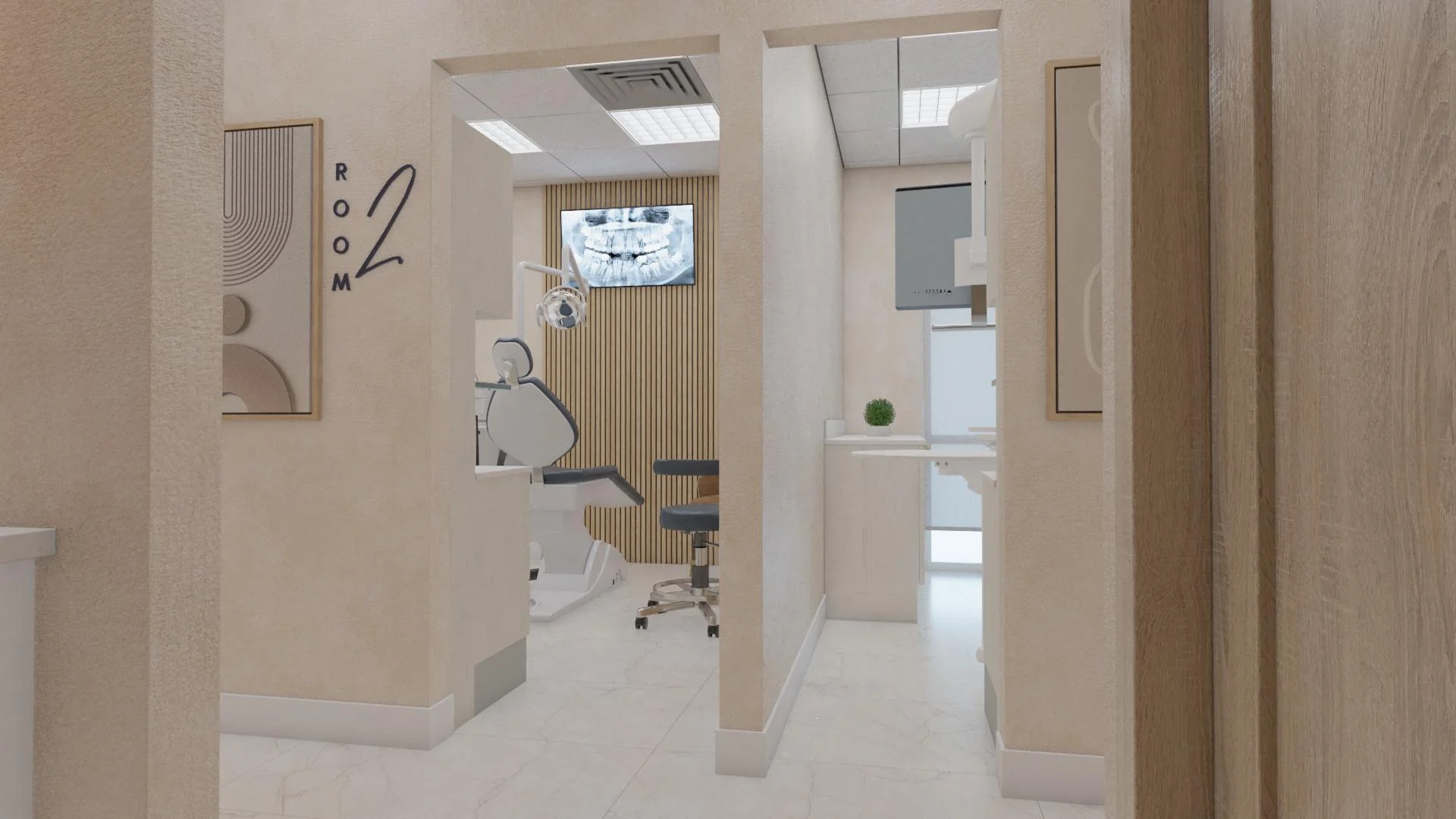 Good Hands Dental — Doorway lettered “Room 2” opening onto a treatment room with a wood-slat wall and an X-ray screen