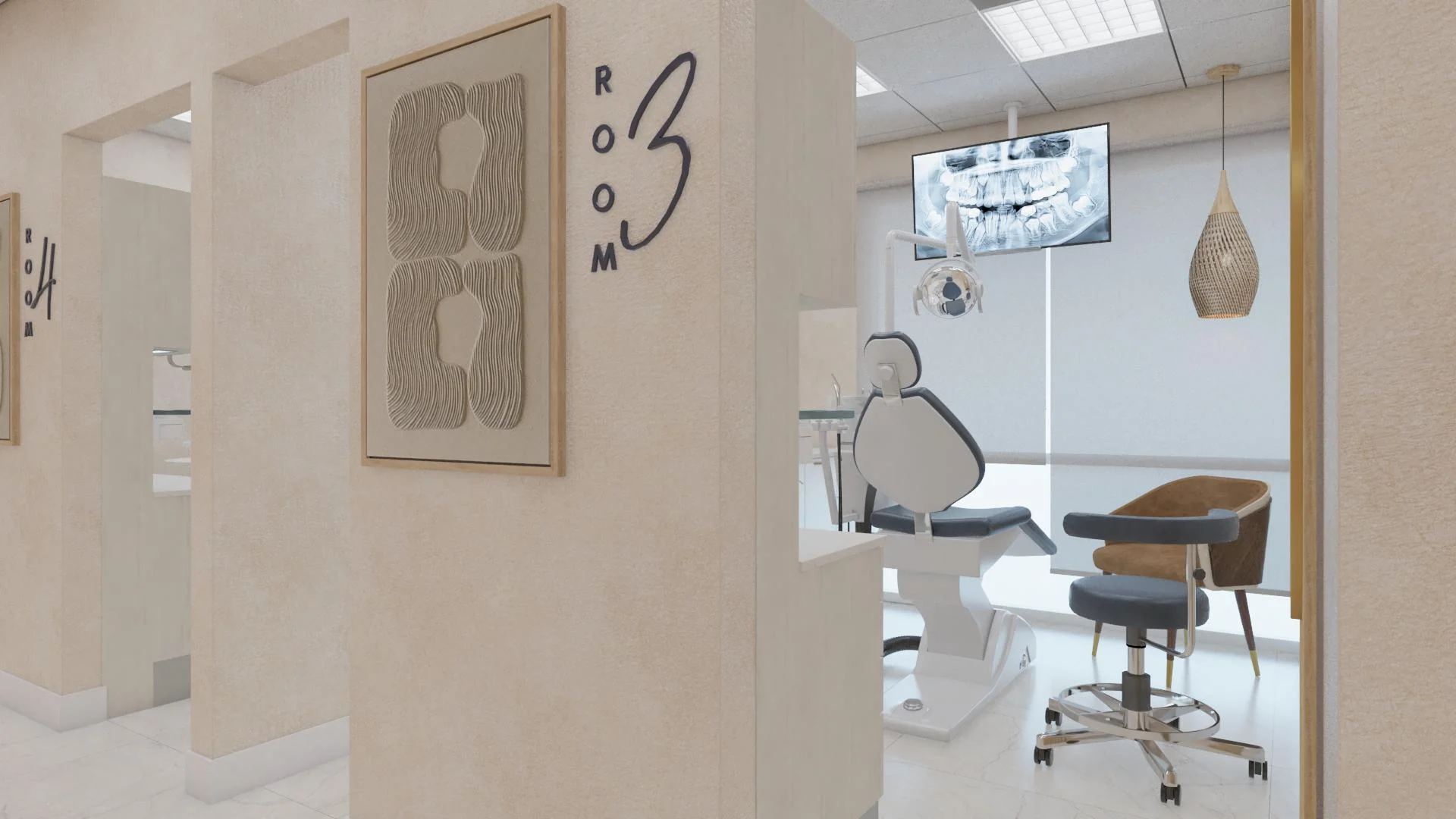 Good Hands Dental — Entrance to “Room 3”, with a framed textured relief outside and a dental chair and woven pendant within