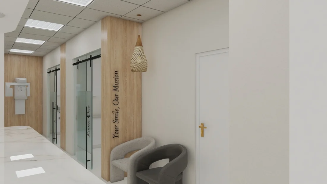Habana Dental Care — Hallway with gray armchairs under a woven pendant and the phrase “Your Smile, Our Mission” on a wood panel
