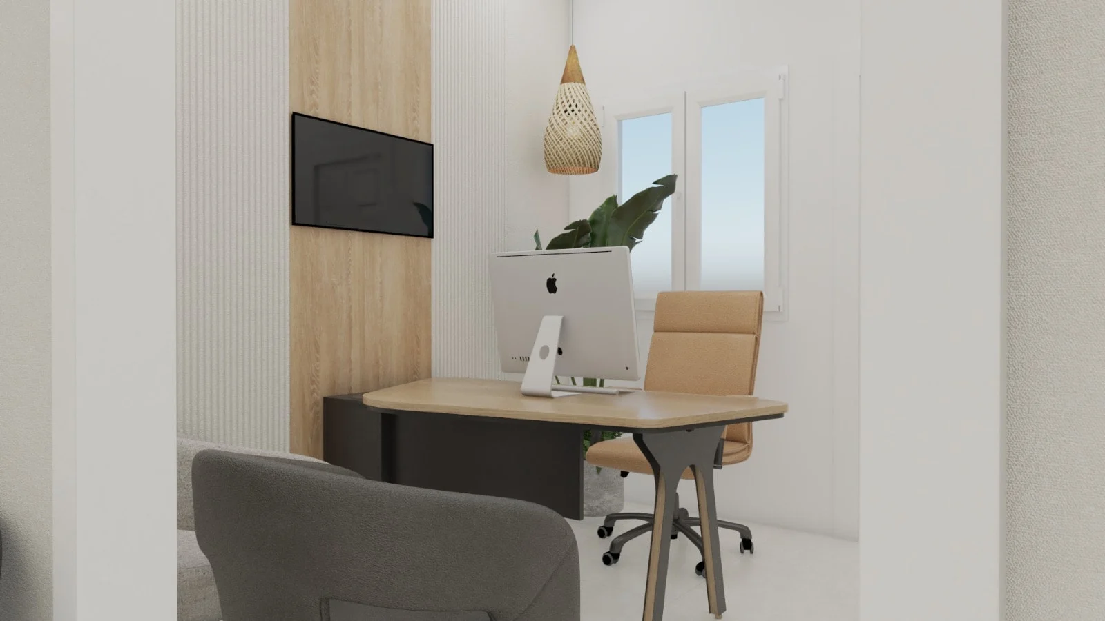 Habana Dental Care — Office with a wood desk against a fluted wall, a tan desk chair by the window and a woven pendant