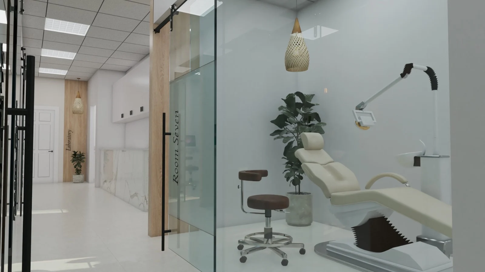 Habana Dental Care — Treatment room with a beige dental chair and a potted plant, seen from the corridor through a glass door