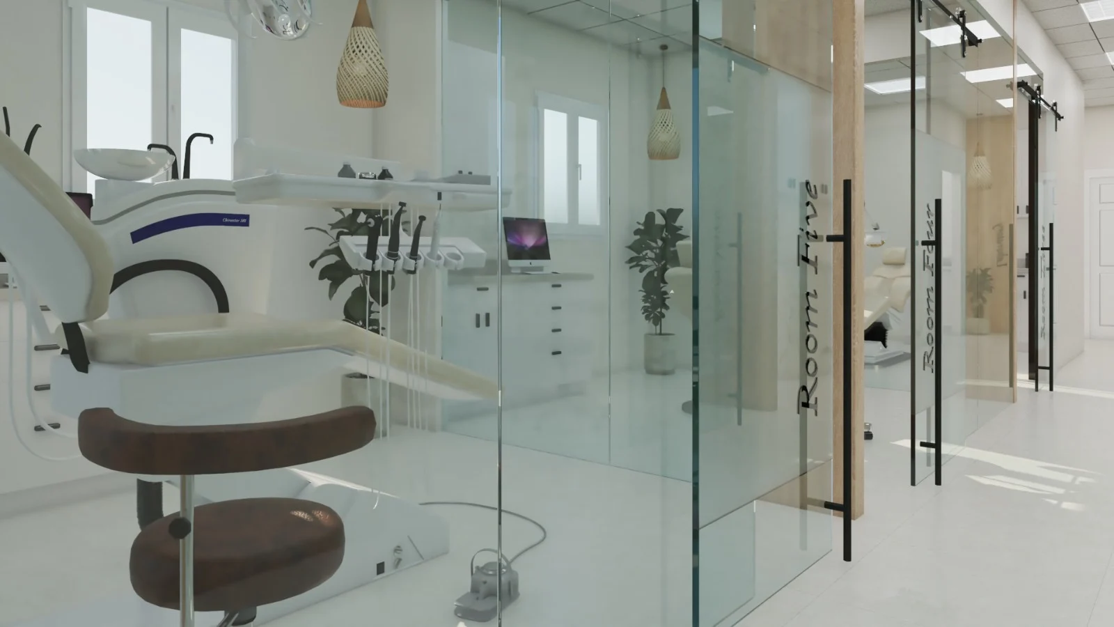 Habana Dental Care — Close view of a dental chair and brown stool, with glass-fronted treatment rooms lined up beyond
