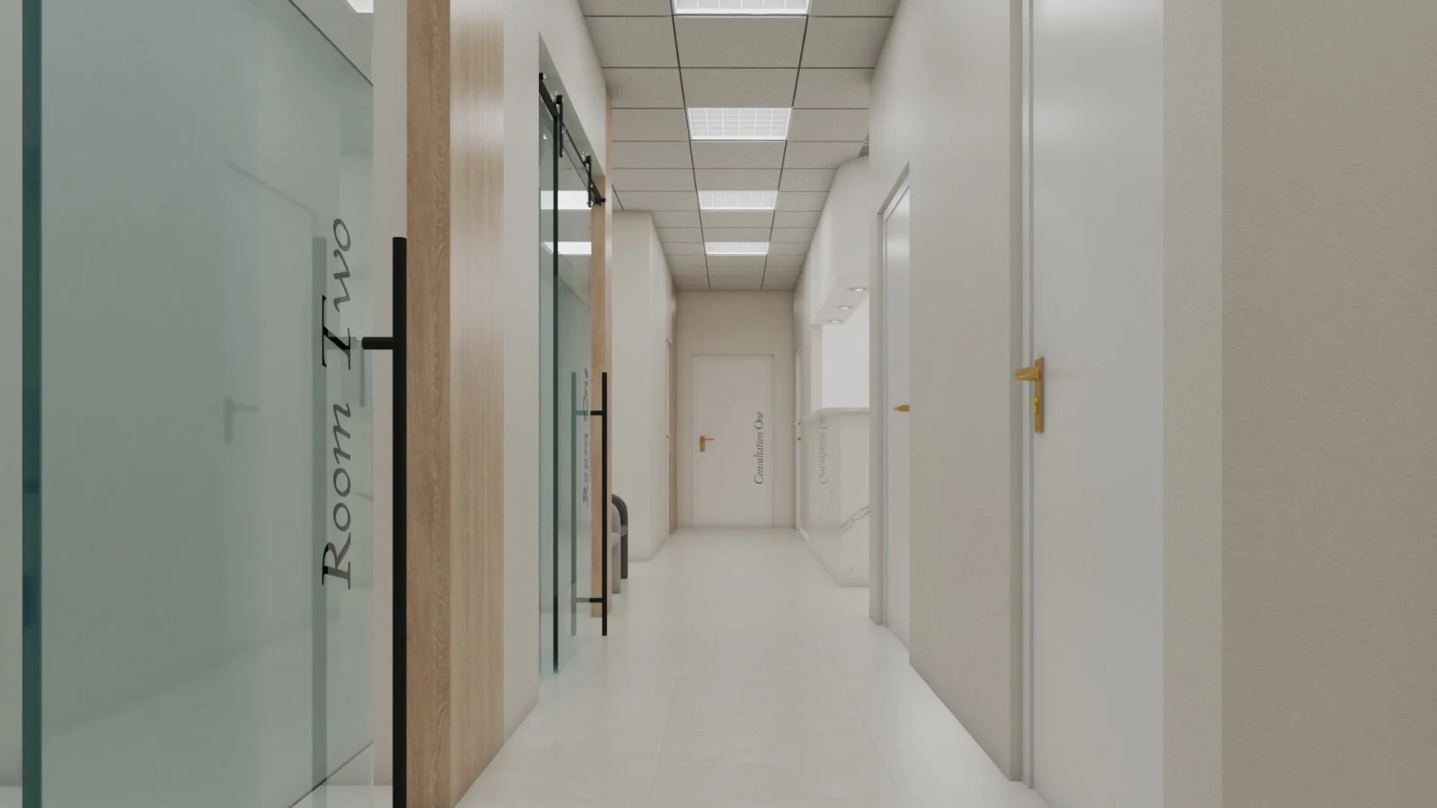 Habana Dental Care — Straight corridor with frosted glass sliding doors on the left and white doors with brass-toned handles on the right