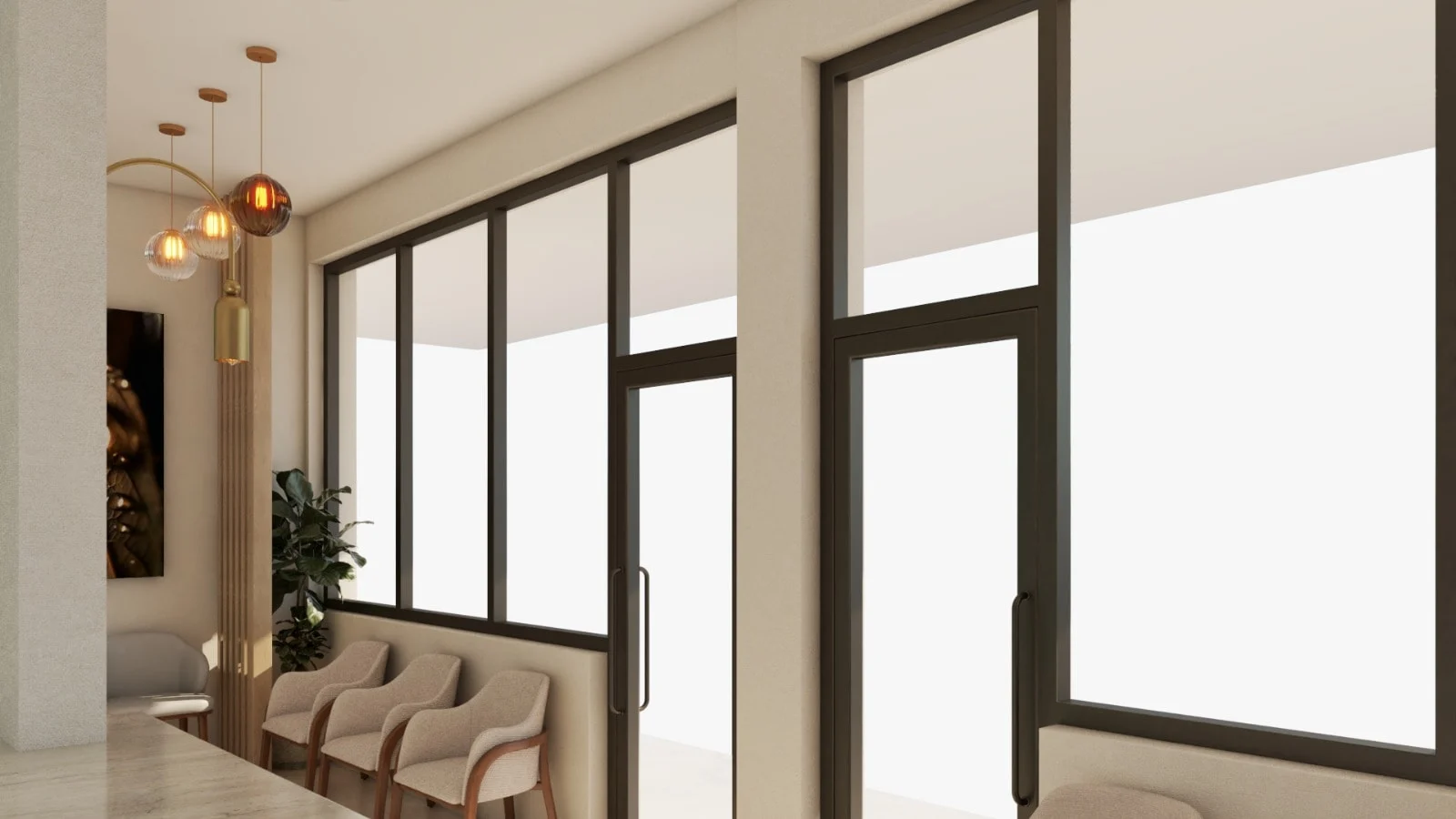 Hialeah Dental Office — Waiting area with beige wood-framed chairs along a black-framed glass storefront and globe pendant lights