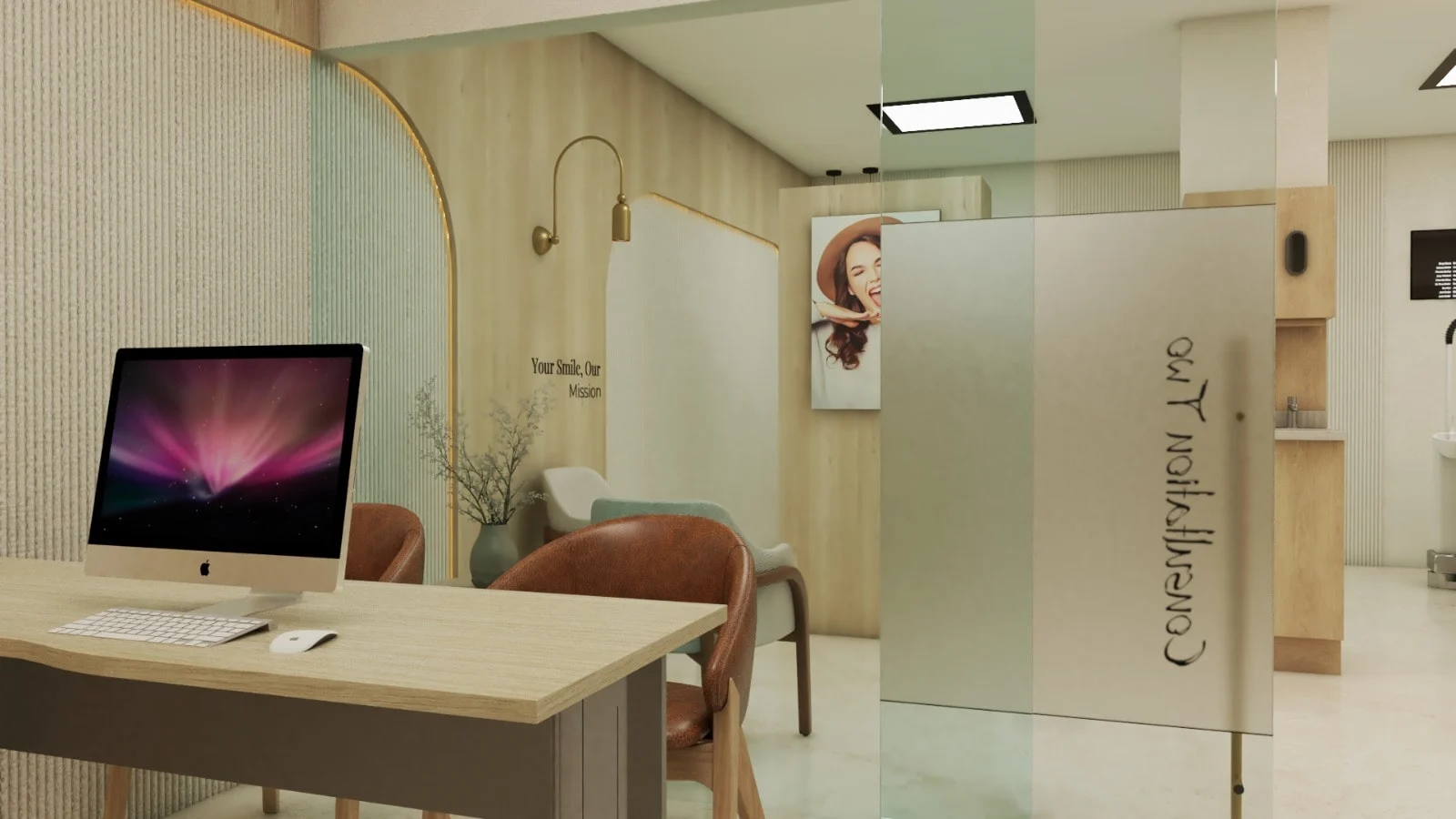 Hialeah Dental Office — Consultation office with a light wood desk, cognac leather chairs and a frosted glass door