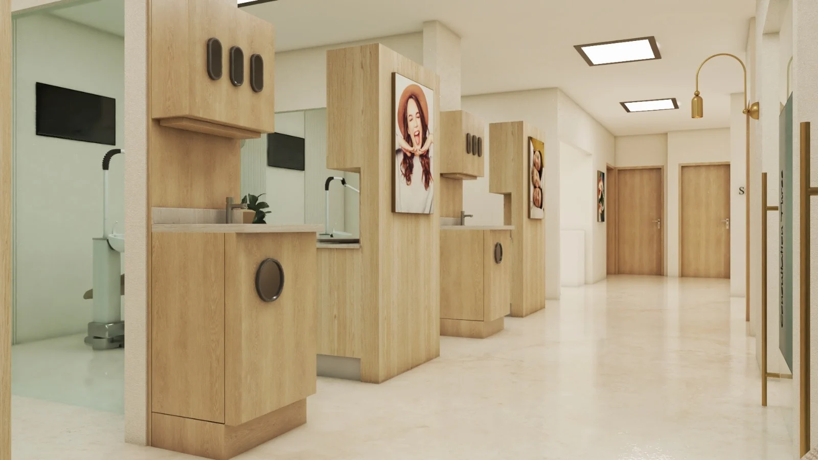 Hialeah Dental Office — Open treatment bays with light wood partitions, sinks and portrait prints along a bright corridor