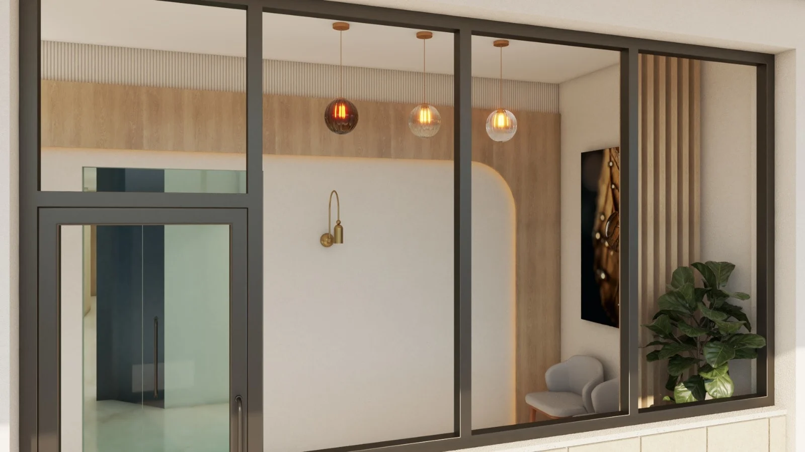 Hialeah Dental Office — Waiting area seen from outside through black-framed glass, with globe pendants and a brass wall sconce