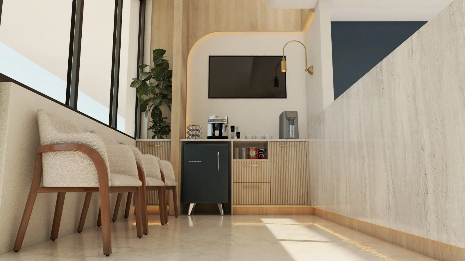 Hialeah Dental Office — Coffee station with fluted wood cabinets, a black mini fridge and a wall screen beside waiting chairs