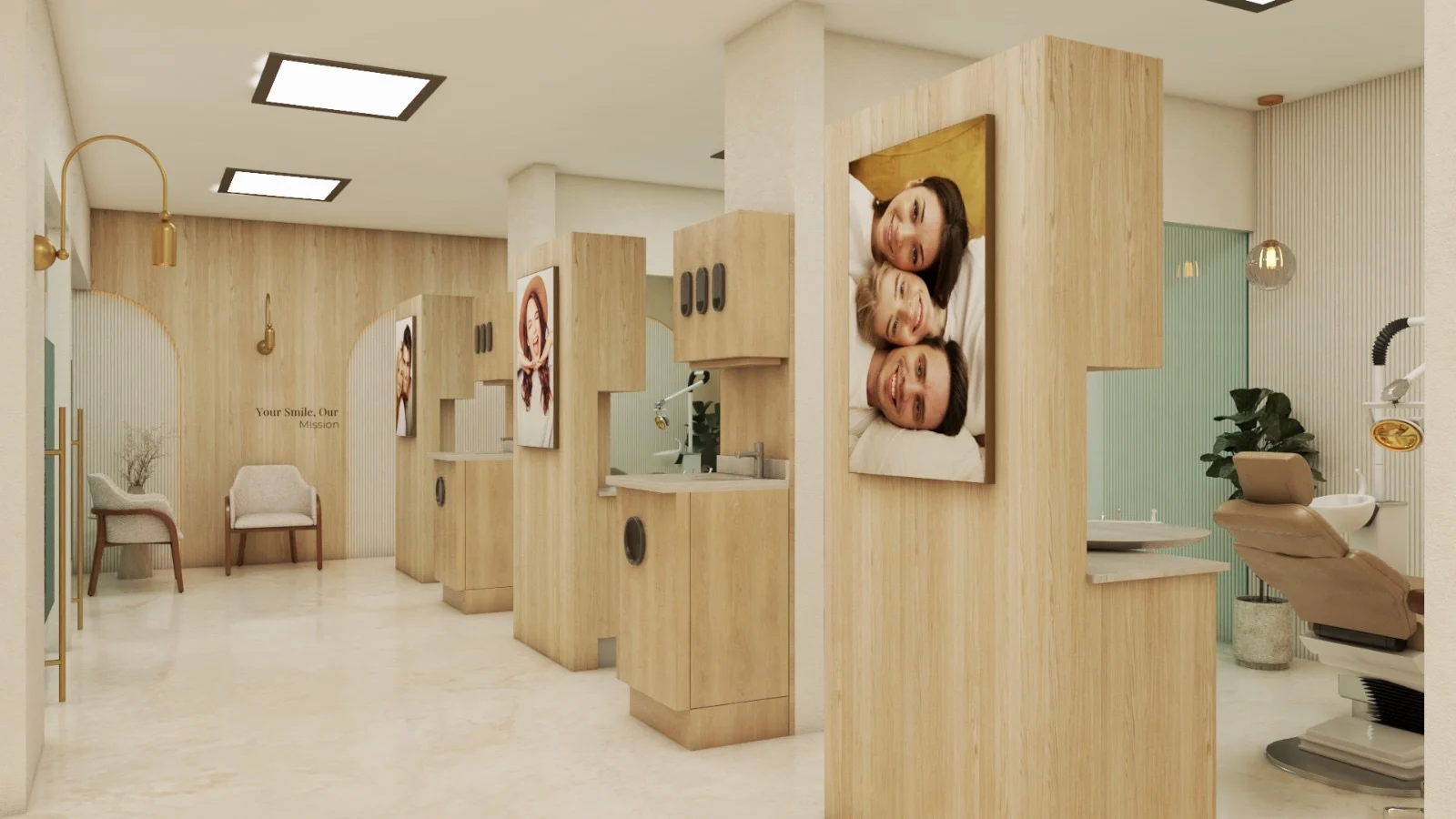 Hialeah Dental Office — Treatment bays with light wood partitions and portrait prints, looking toward two armchairs by an arched wall