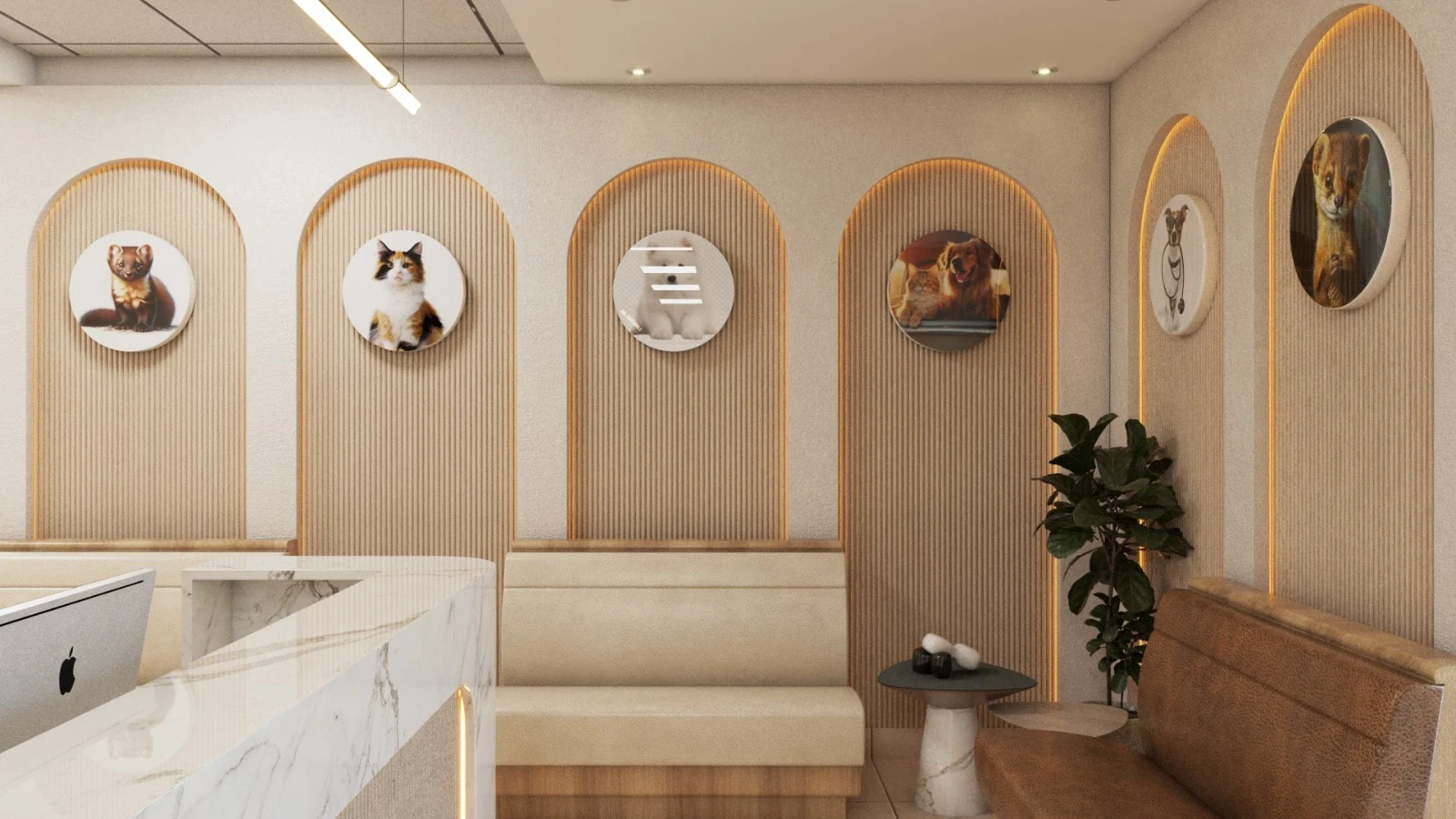 Humberstone Animal Hospital — Waiting area with round pet portraits on backlit arched fluted panels above cream and brown banquettes