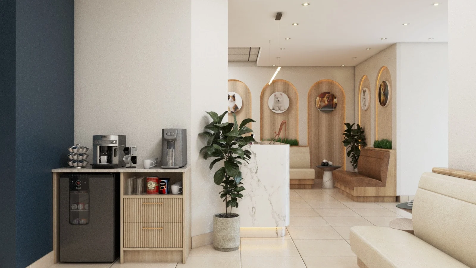 Humberstone Animal Hospital — Wide view past the coffee station toward arched pet portraits and a brown leather banquette
