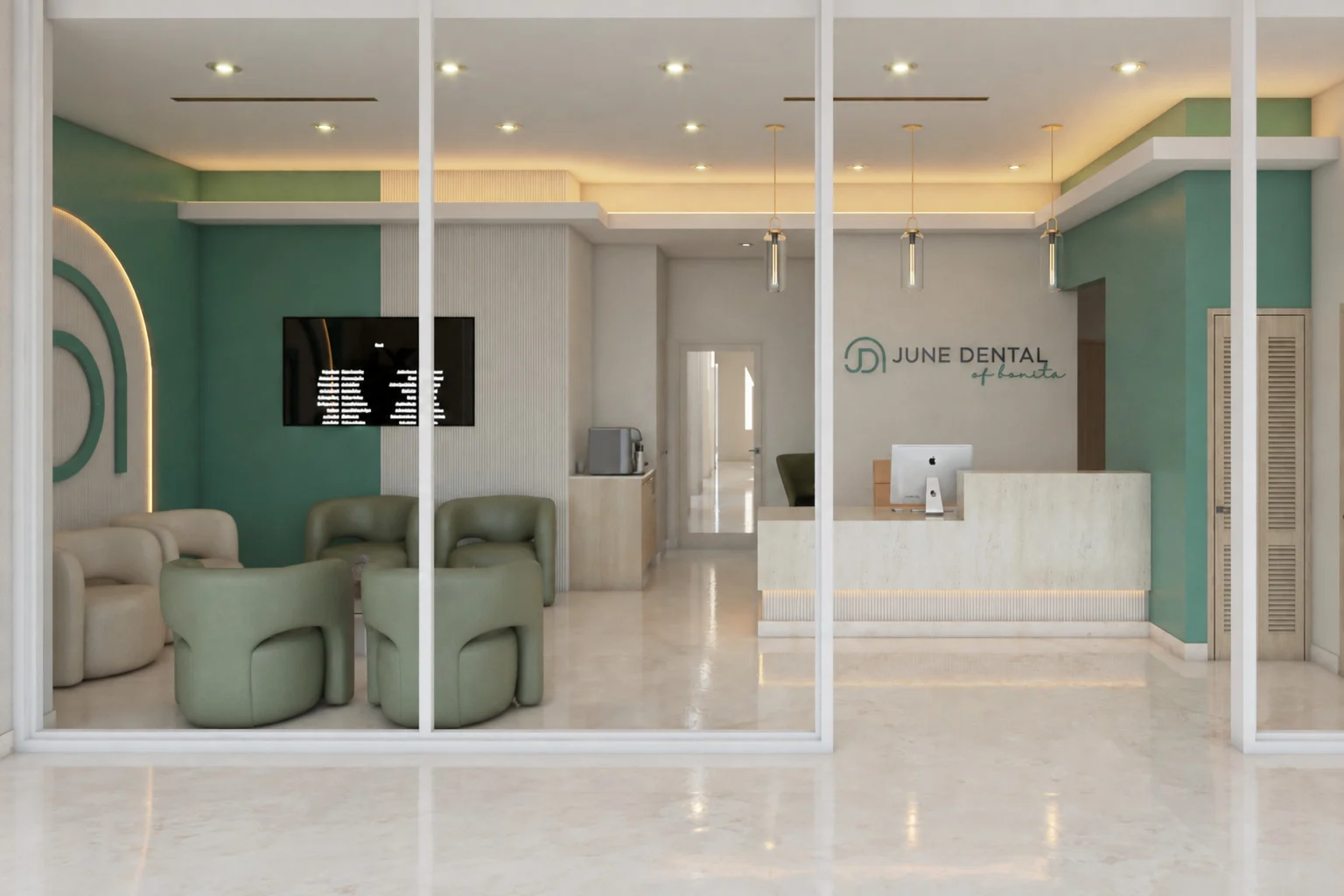 June Dental — Straight-on view through the glass front of the waiting area, the stone-look reception desk and the logo wall