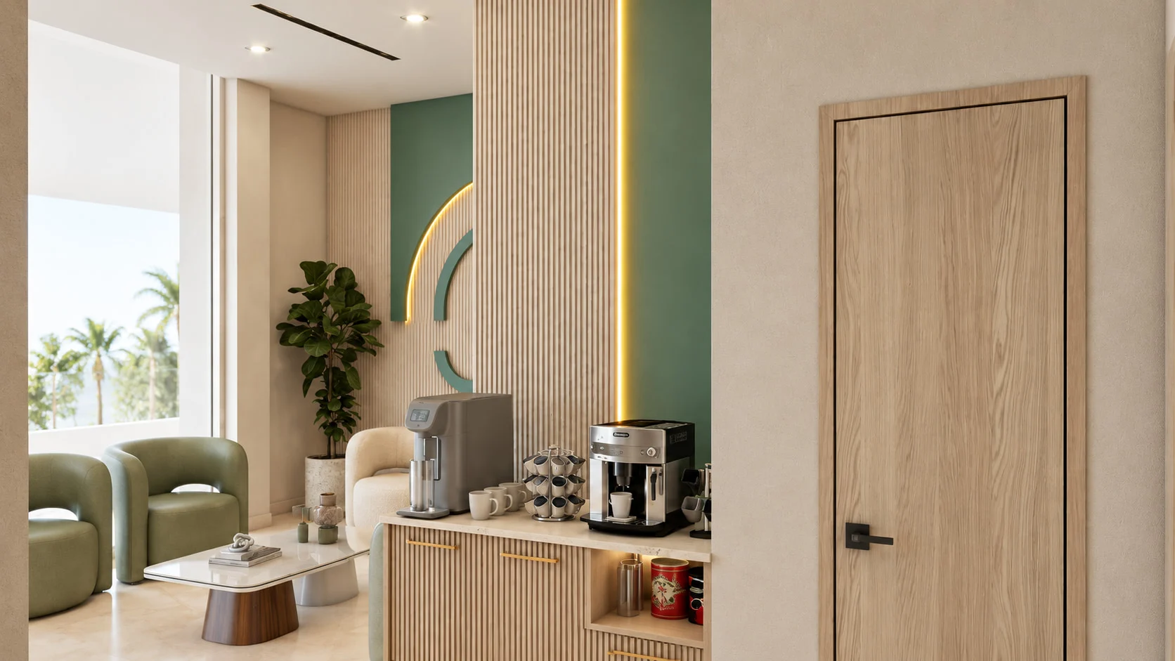 June Dental — View past a flush wood door to the coffee station, green armchairs and a window with palm trees