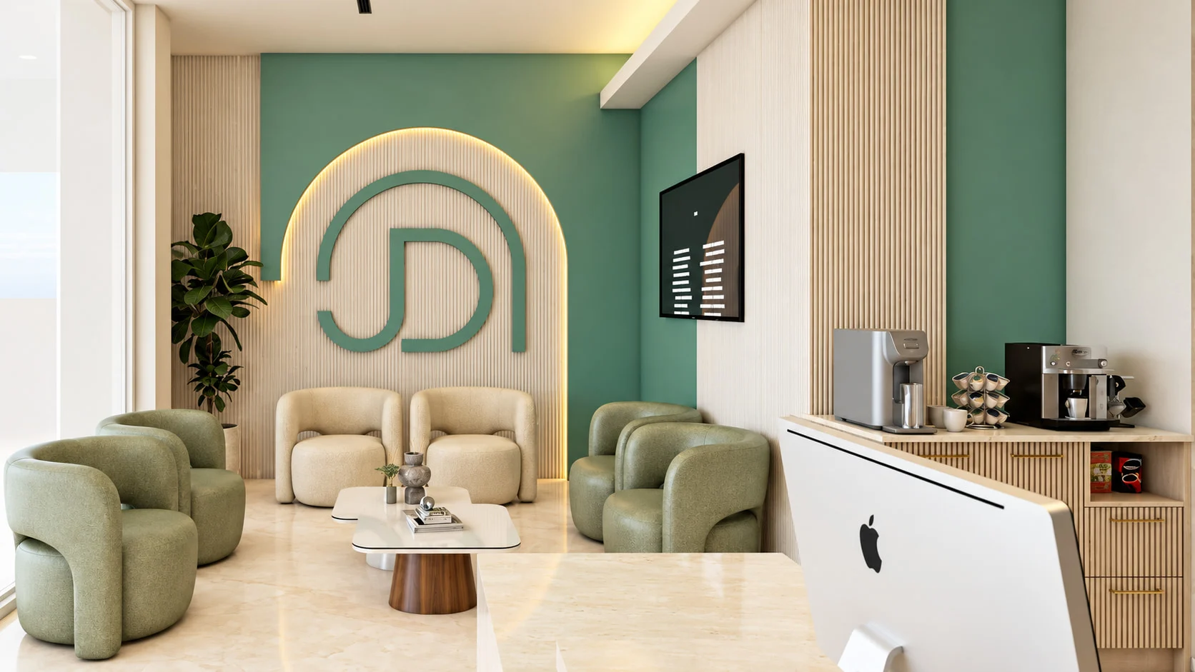 June Dental — Front view of the waiting area from behind the reception desk, with green and cream armchairs