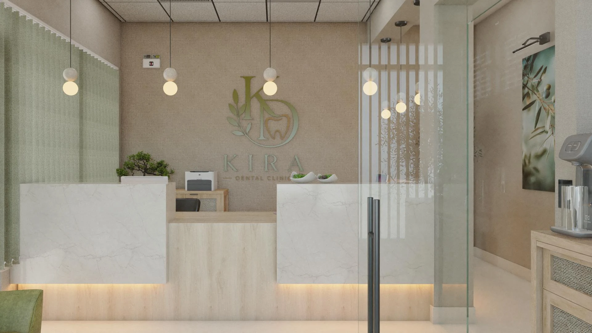 Kira Dental Clinic — Reception with a white veined counter under globe pendants and a green logo on a linen-textured wall