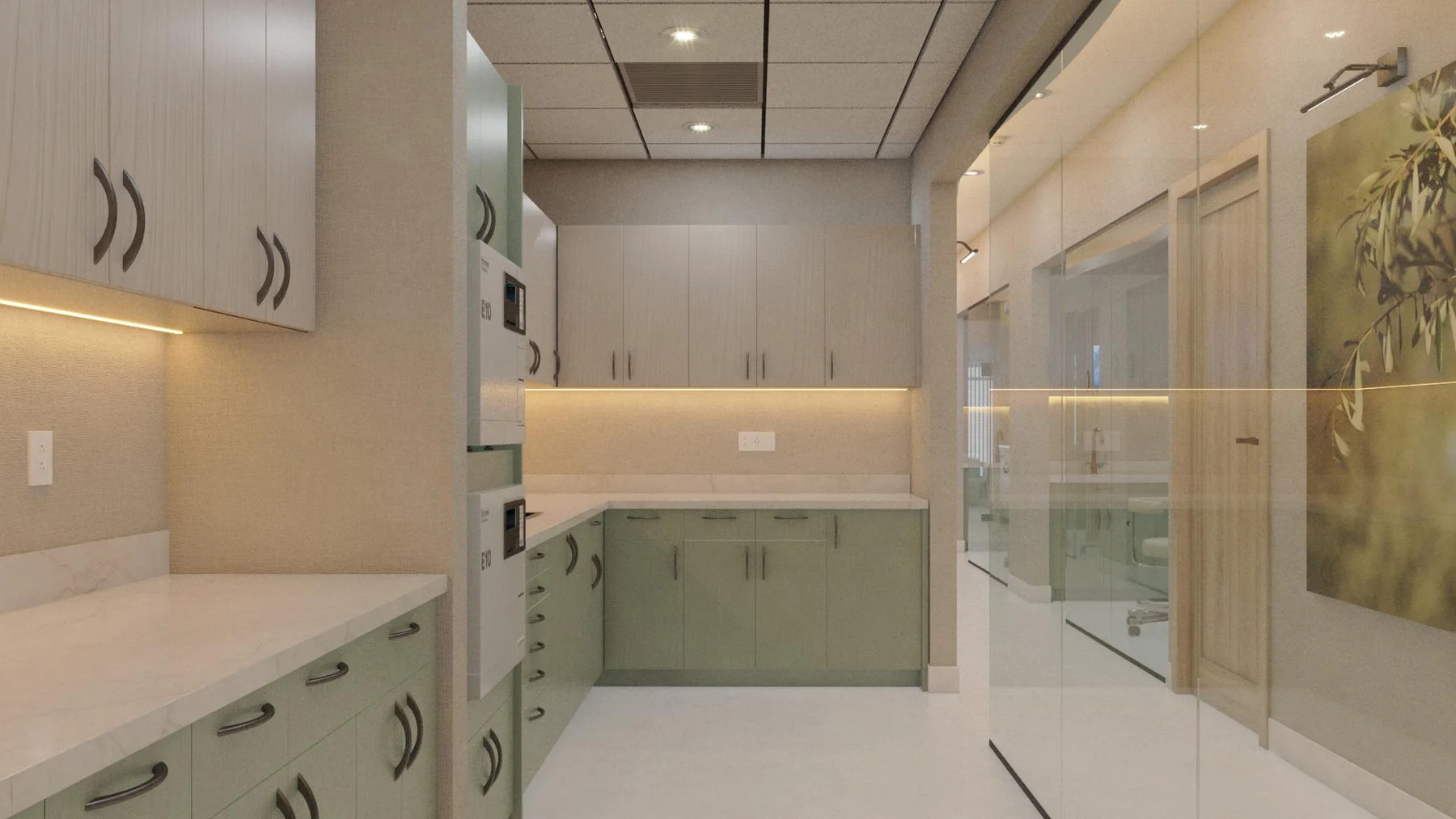 Kira Dental Clinic — Work area with pale green cabinets, a stone-look counter and two stacked appliances beside a glass-walled corridor