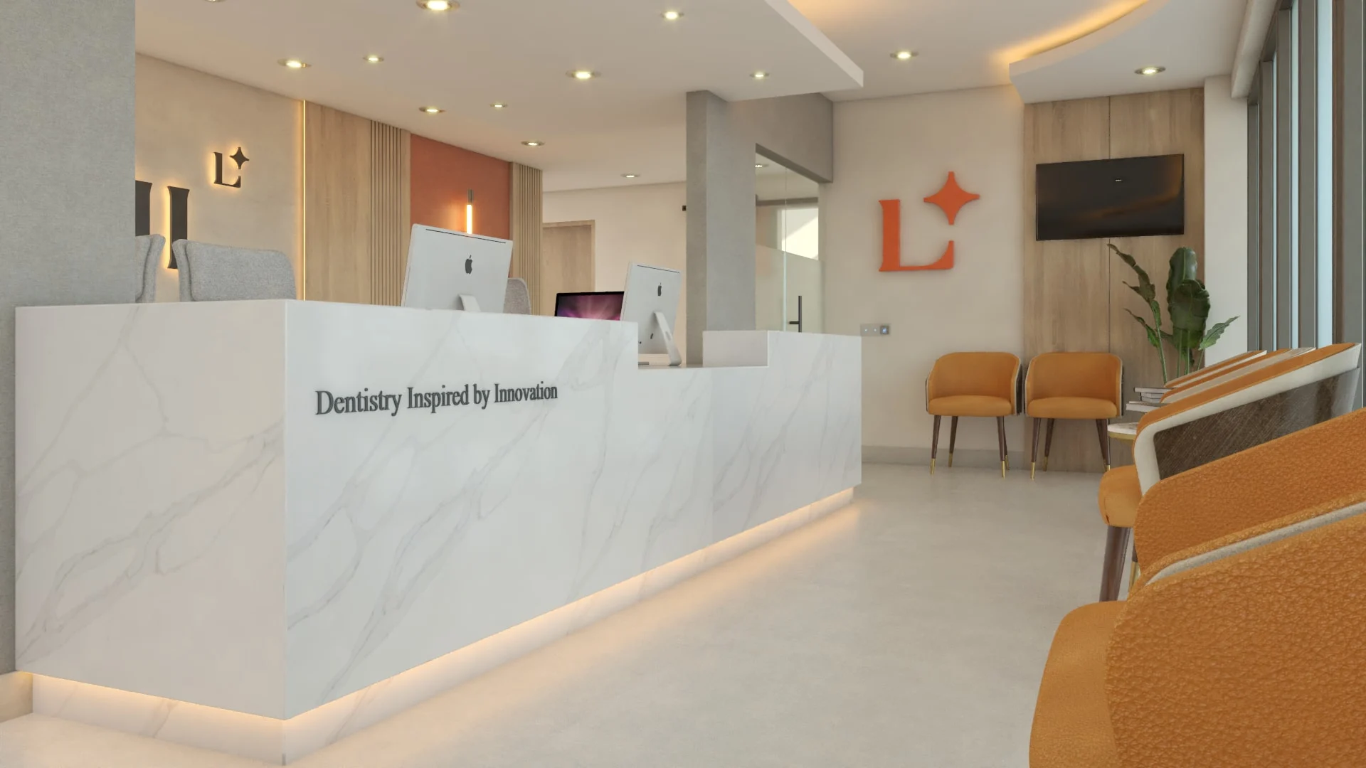 LUMI Dental — Reception with a white marble-look desk lettered “Dentistry Inspired by Innovation” and an orange wall logo