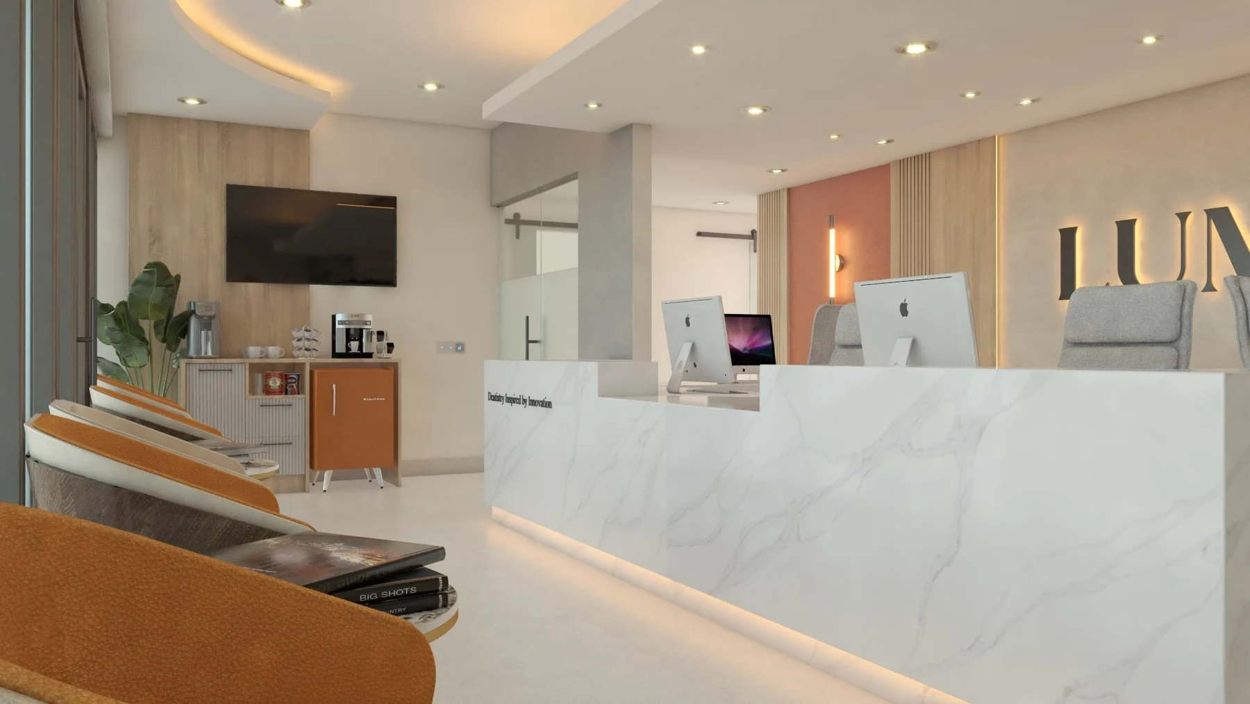 LUMI Dental — Reception desk seen past orange armchairs and a stack of books, with a coffee station beyond