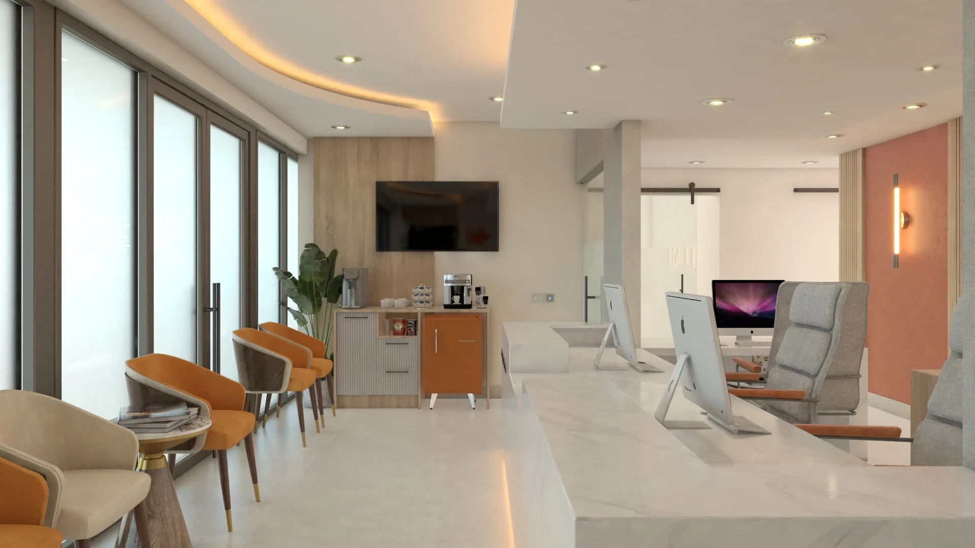 LUMI Dental — Wide view of the waiting area, with orange armchairs along tall windows, a coffee station and the reception desk